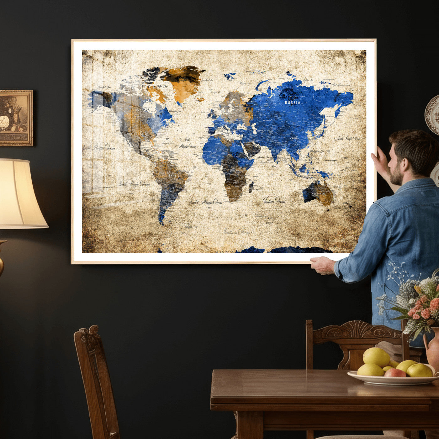 27314341-MGV-CV-36X24 - World Map Wall Art Canvas Print, Modern Decorative Framed Map Artwork Prints for Living Room, Office, Bedroom Wall Decor