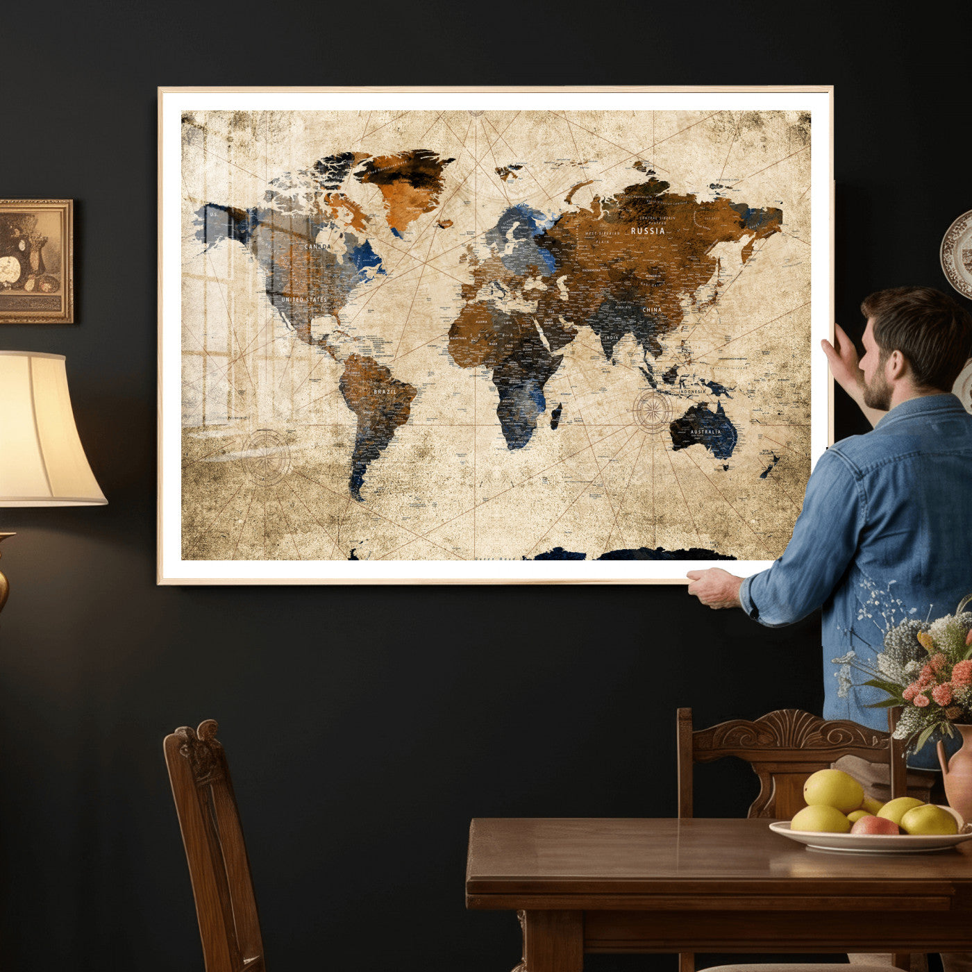 27163414-MGV-CV-36X24 - World Map Wall Art Canvas Print, Modern Decorative Framed Map Artwork Prints for Living Room, Office, Bedroom Wall Decor