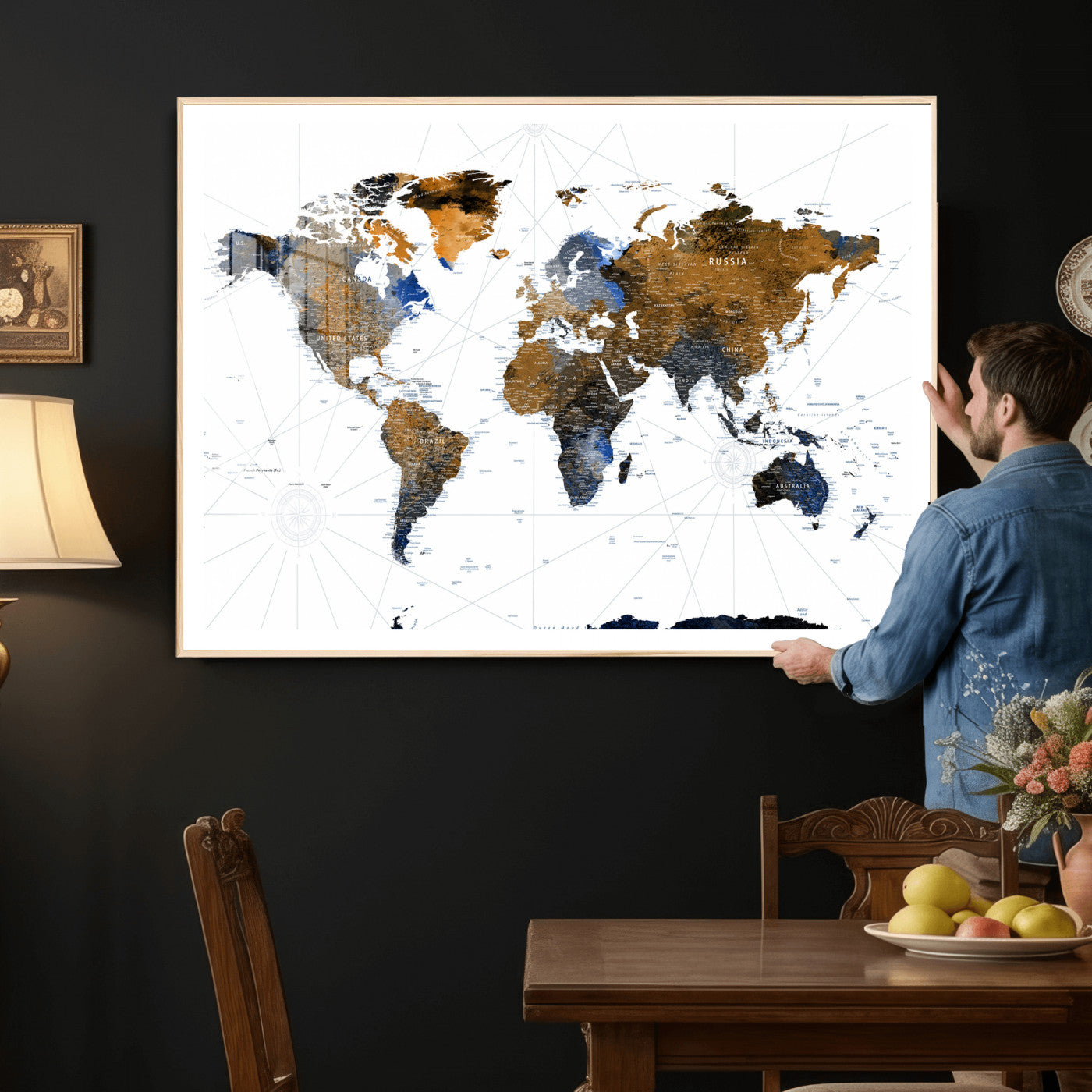 56364879-MGV-CV-36X24 - World Map Wall Art Canvas Print, Modern Decorative Framed Map Artwork Prints for Living Room Decor