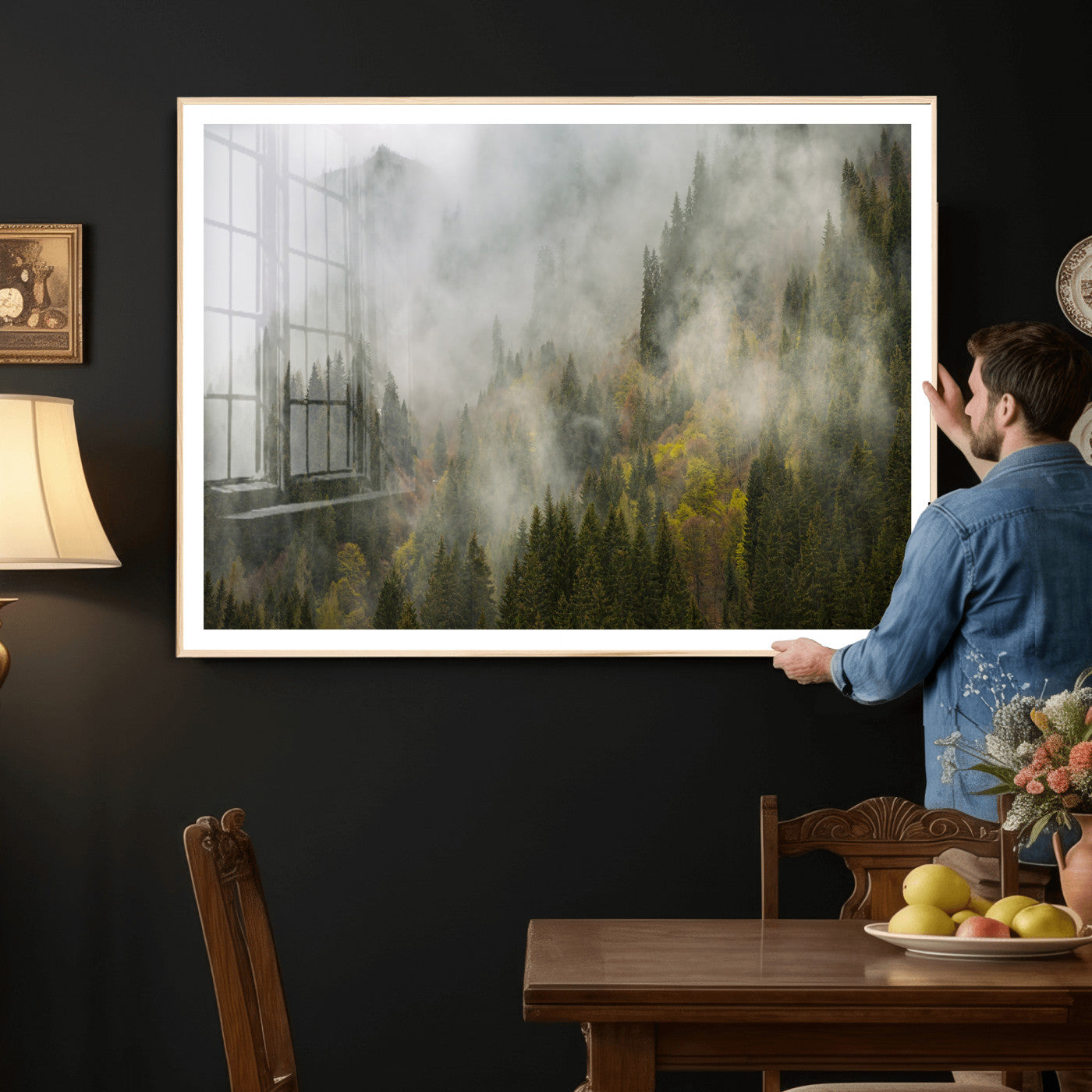 31152954-MGV-CV-36X24 - Misty Mountain Forest Canvas Print, Foggy Pine Trees Nature Wall Art, Framed Canvas Ready to Hang