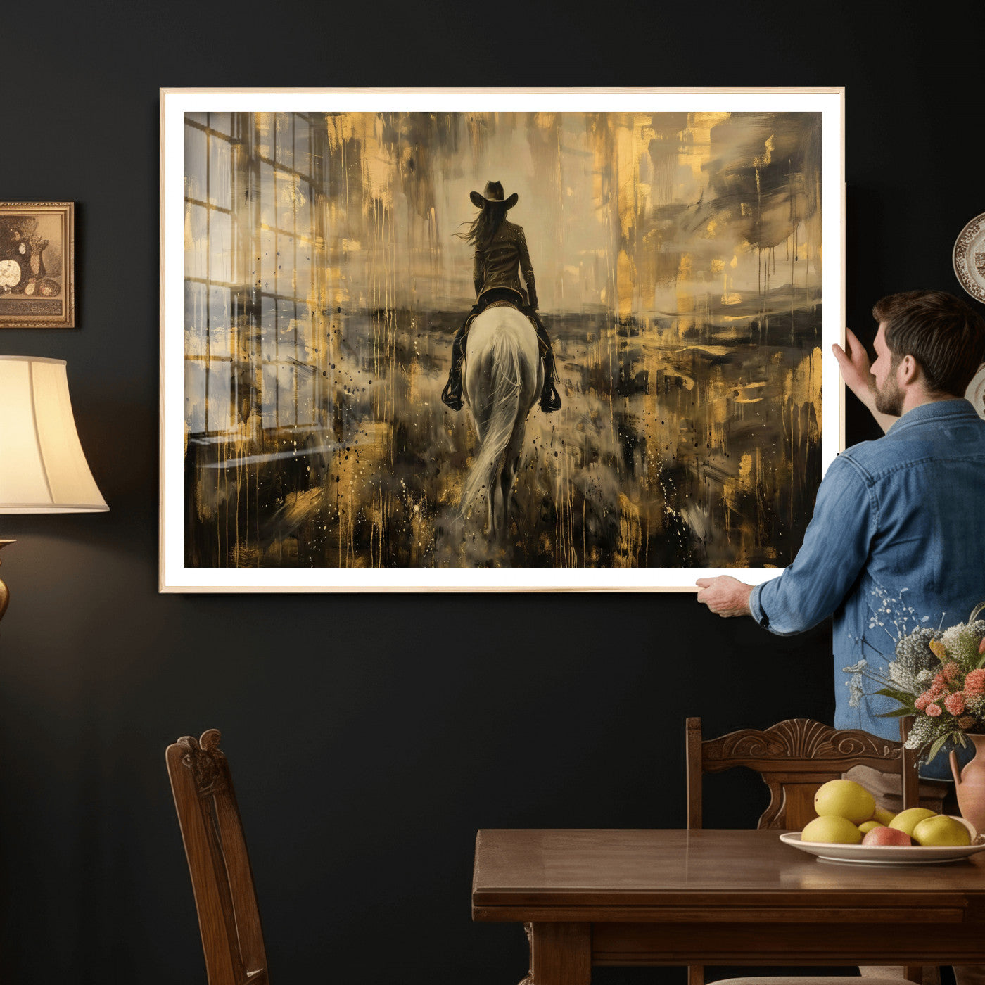 20465530-MGV-CV-36X24 - Cowgirl Wall Art Canvas Print, Western Horse Rider Wall Art, Framed Wall Art Ready to Hang