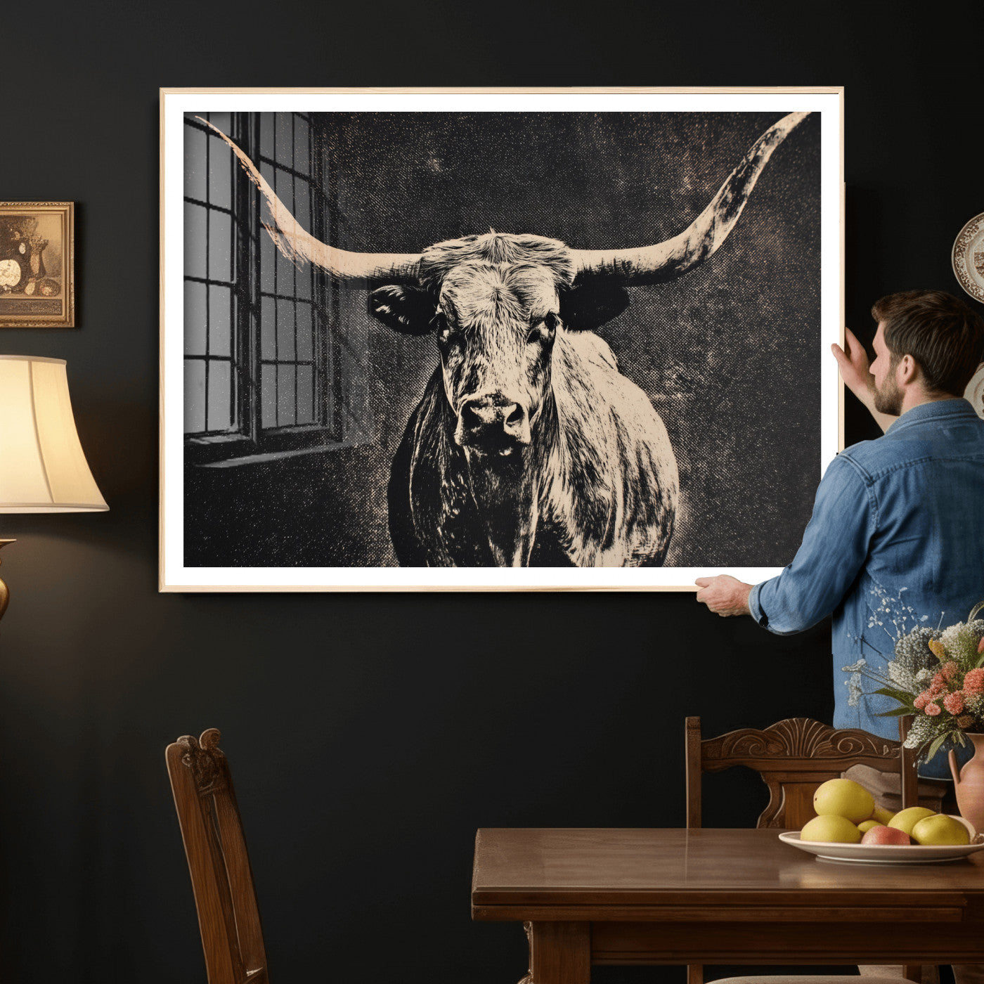 27394218-MGV-CV-36X24 - Vintage Texas Longhorn Bull Wall Art Canvas Print, Cow Portrait Photography Print, Framed Wall Art Ready to Hang