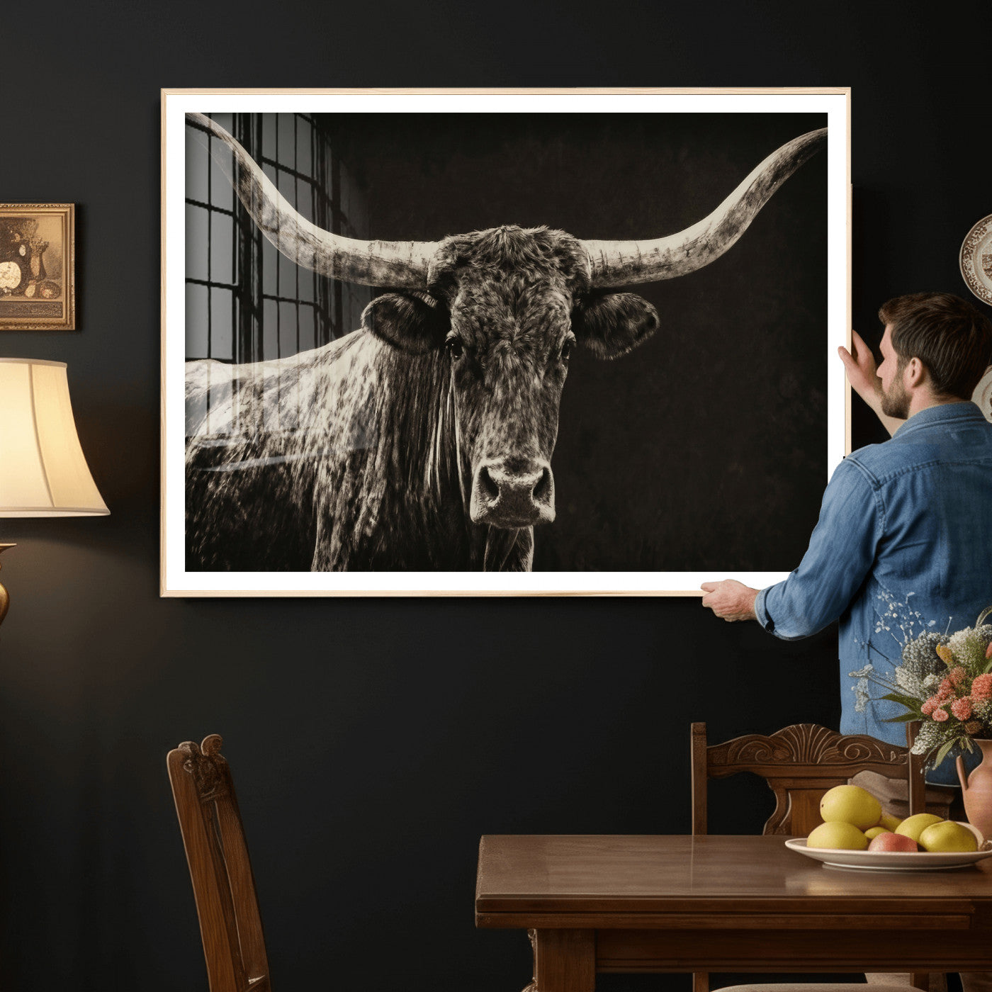 74513721-MGV-CV-36X24 - Vintage Texas Longhorn Bull Wall Art Canvas Print, Cow Portrait Photography Print, Framed Wall Art Ready to Hang