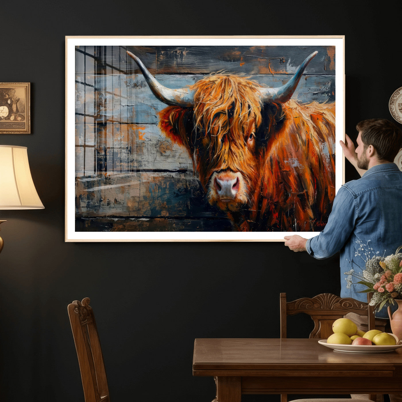 90271423-MGV-CV-36X24 - Highland Cow Wall Art Canvas Print, Abstract Rustic Farm Animal Wall Art Print, Framed Wall Art Ready to Hang