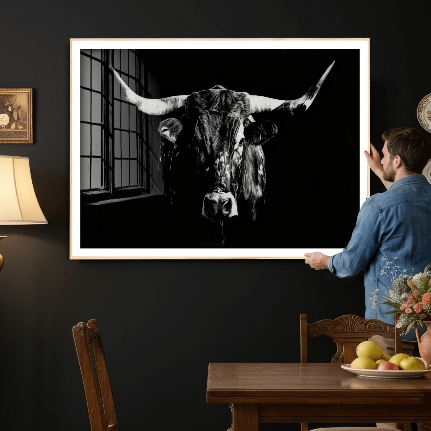 21436434-MGV-CV-36X24 - Black Bull Wall Art Canvas Print, Dark Longhorn Portrait Photography, Framed Wall Art Ready to Hang