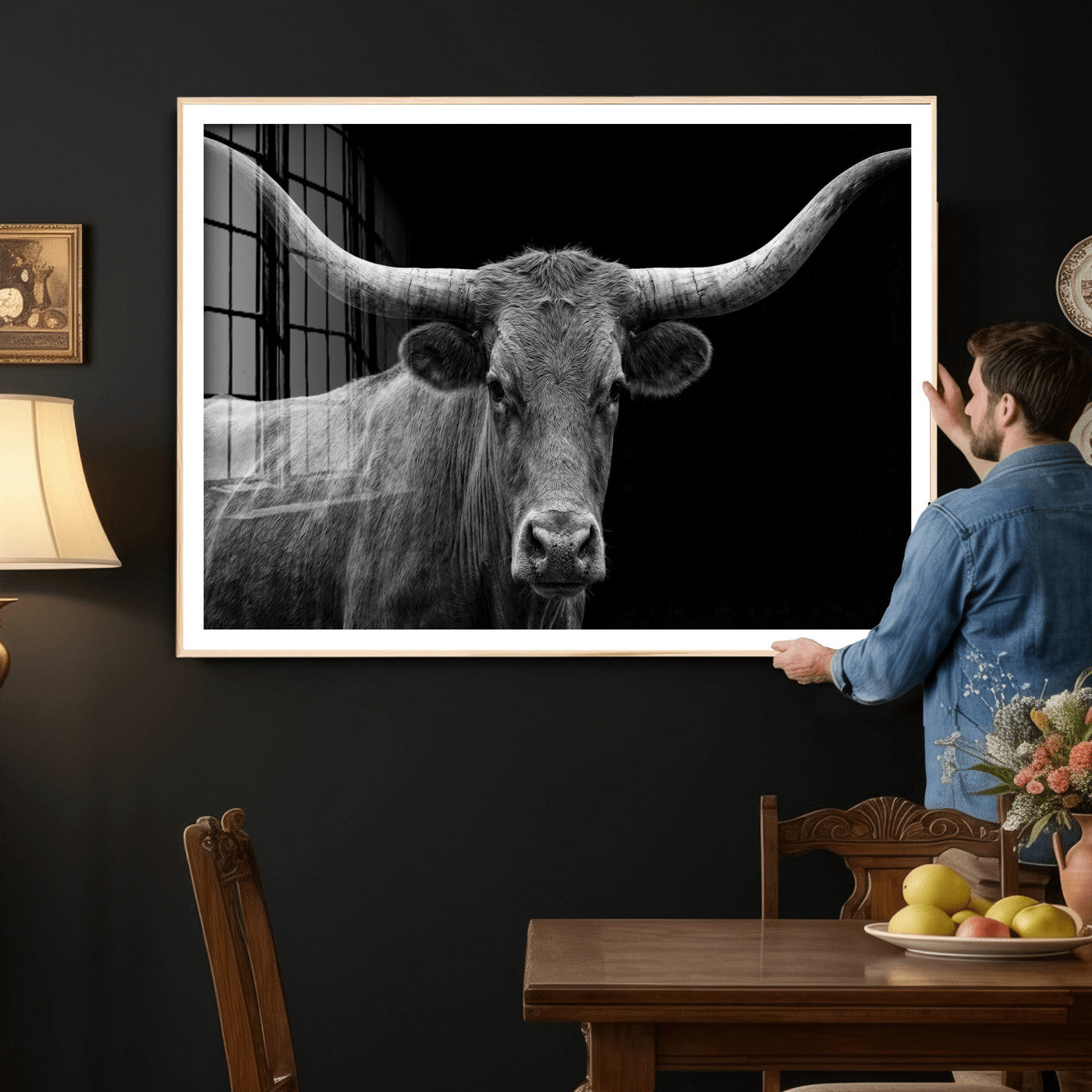 32601430-MGV-CV-36X24 - Texas Longhorn Bull Wall Art Canvas Print, Cow Portrait Photography, Framed Wall Art Ready to Hang