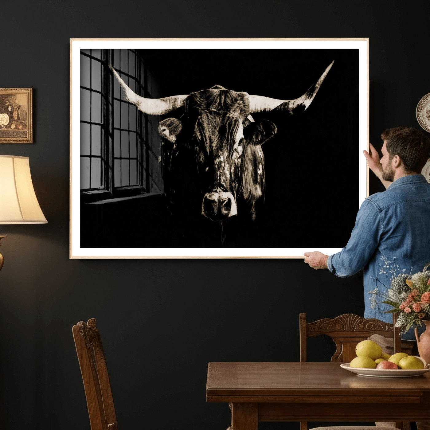 75774468-MGV-CV-36X24 - Black Bull Wall Art Canvas Print, Dark Longhorn Portrait Photography, Framed Wall Art Ready to Hang