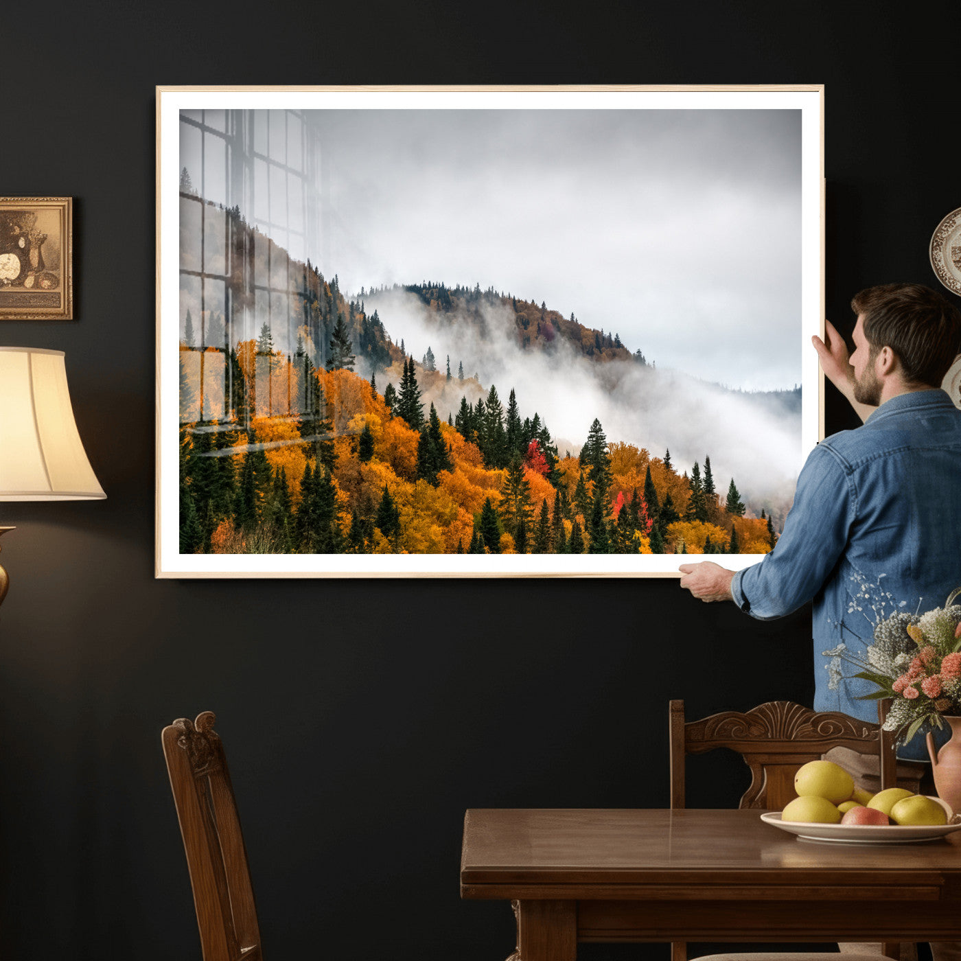 93581632-MGV-CV-36X24 - Autumn Forest Wall Art Canvas Print, Foggy Mountain Landscape Nature Photography, Framed Wall Art Ready to Hang