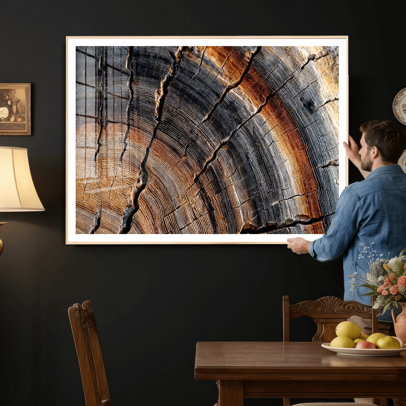 92693966E-MGV-CV-36X24 - Framed Large Abstract Wood Grain Canvas Print, Tree Ring Pattern Wall Art, Framed Canvas Ready to Hang