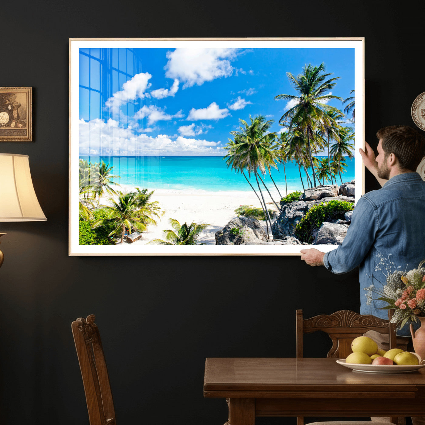 29232878-MGV-CV-36X24 - Barbados Beach Wall Art Canvas Print, Palm Tree Ocean Landscape, Turquoise Sea Coastal Photography, Tropical Island Wall Decor, Framed Ready to Hang