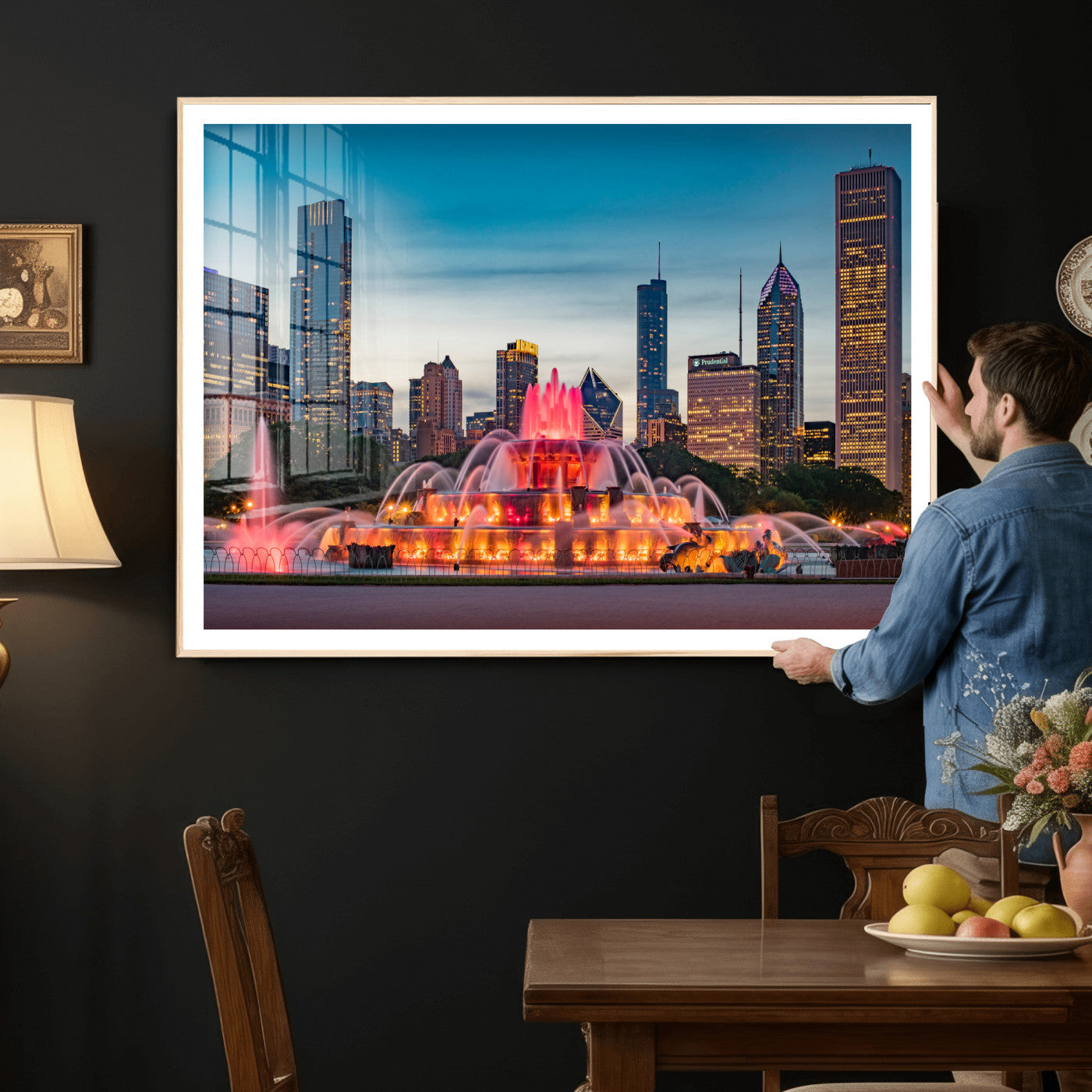 46805285-MGV-CV-36X24 - Chicago Wall Art Canvas Print, Chicago City Downtown Night Cityscape Print for Modern Urban Wall Decor