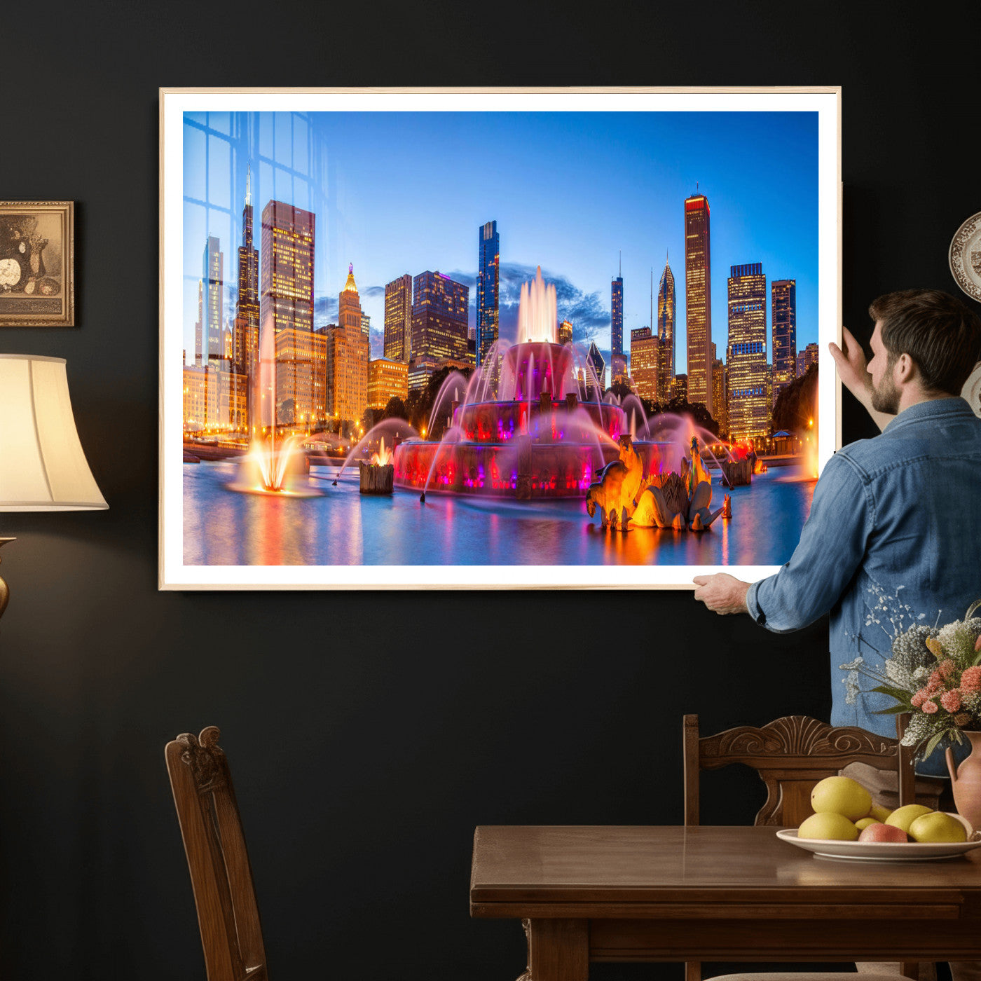 20251989-MGV-CV-36X24 - Chicago Wall Art Canvas Print, Chicago City Downtown Night Cityscape Print for Modern Urban Wall Decor