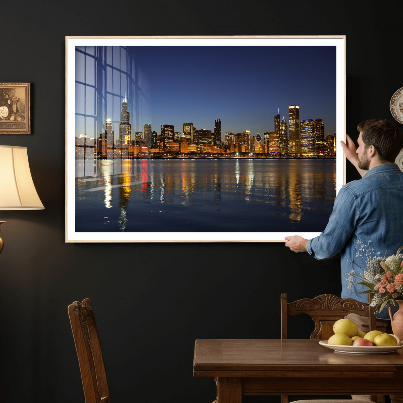 67308035-MGV-CV-36X24 - Chicago Wall Art Canvas Print, Chicago City Downtown Night Cityscape Print for Modern Urban Wall Decor
