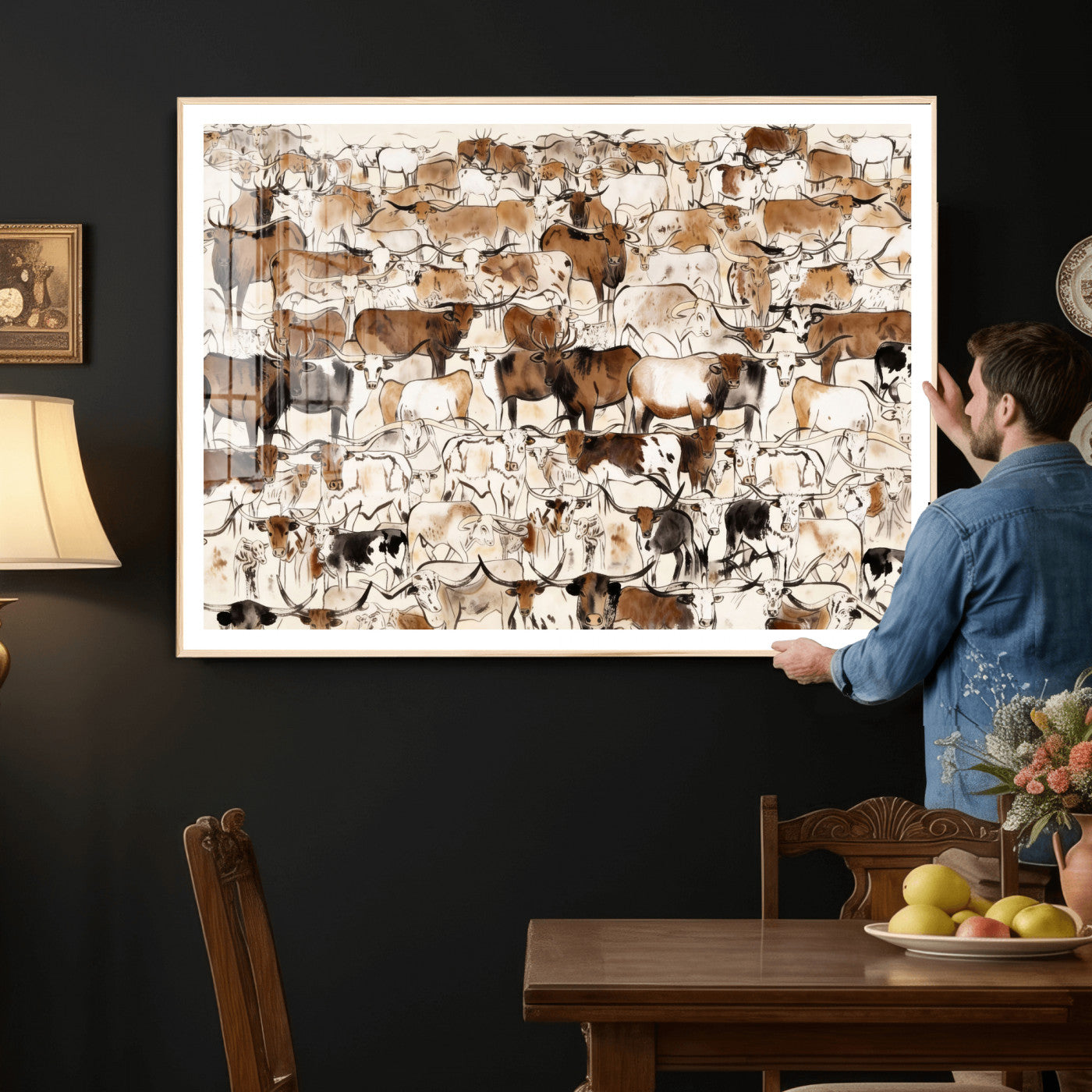 81416572-MGV-CV-36X24 - Farmhouse Animals Wall Art Canvas Print - Abstract Farm Animal Drawing Mid-Century Wall Art for Cabin Decor
