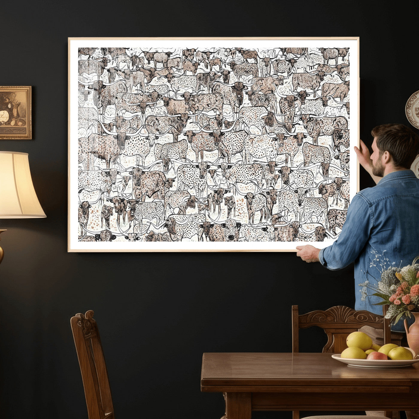 49200255-MGV-CV-36X24 - Farmhouse Animals Wall Art Canvas Print - Abstract Farm Animal Drawing Mid-Century Wall Art for Cabin Decor