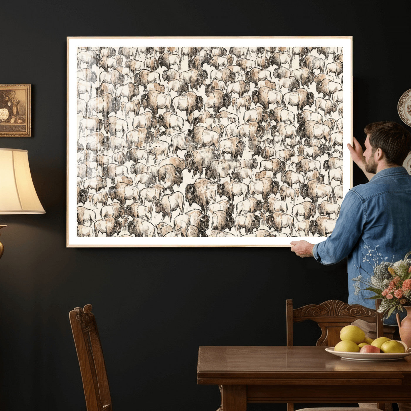 77502929-MGV-CV-36X24 - Farmhouse Animals Wall Art Canvas Print - Abstract Farm Animal Drawing Mid-Century Wall Art for Cabin Decor