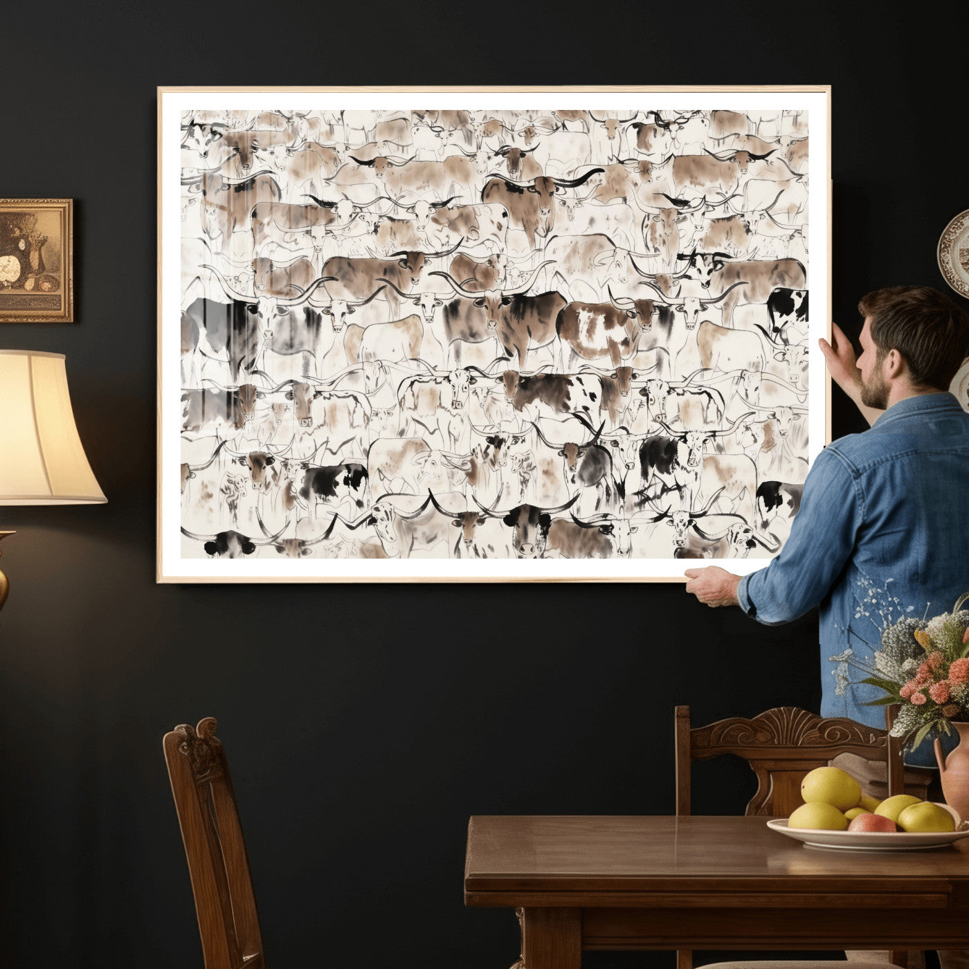 66685375-MGV-CV-36X24 - Farmhouse Animals Wall Art Canvas Print - Abstract Farm Animal Drawing Mid-Century Wall Art for Cabin Decor