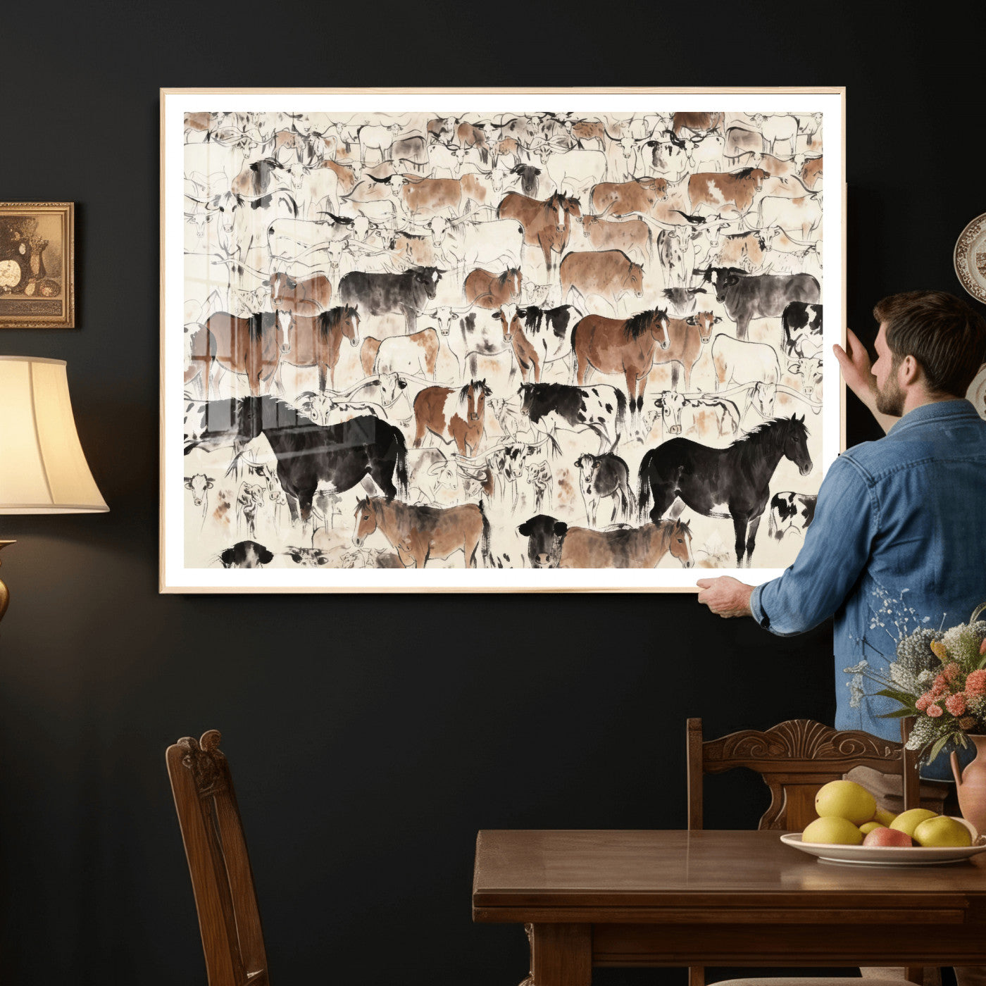 74171578-MGV-CV-36X24 - Farmhouse Animals Wall Art Canvas Print - Abstract Farm Animal Drawing Mid-Century Wall Art for Cabin Decor