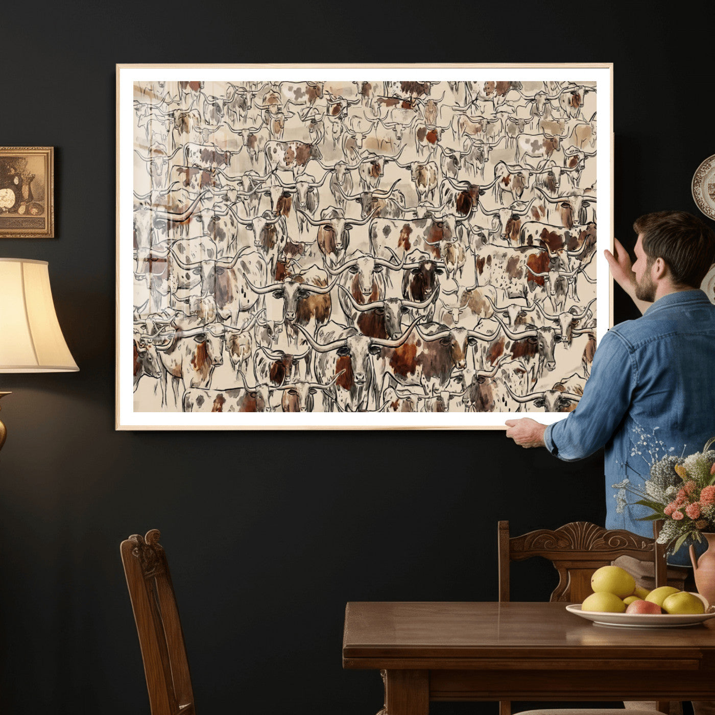 94808502-MGV-CV-36X24 - Farmhouse Animals Wall Art Canvas Print - Abstract Farm Animal Drawing Mid-Century Wall Art for Cabin Decor
