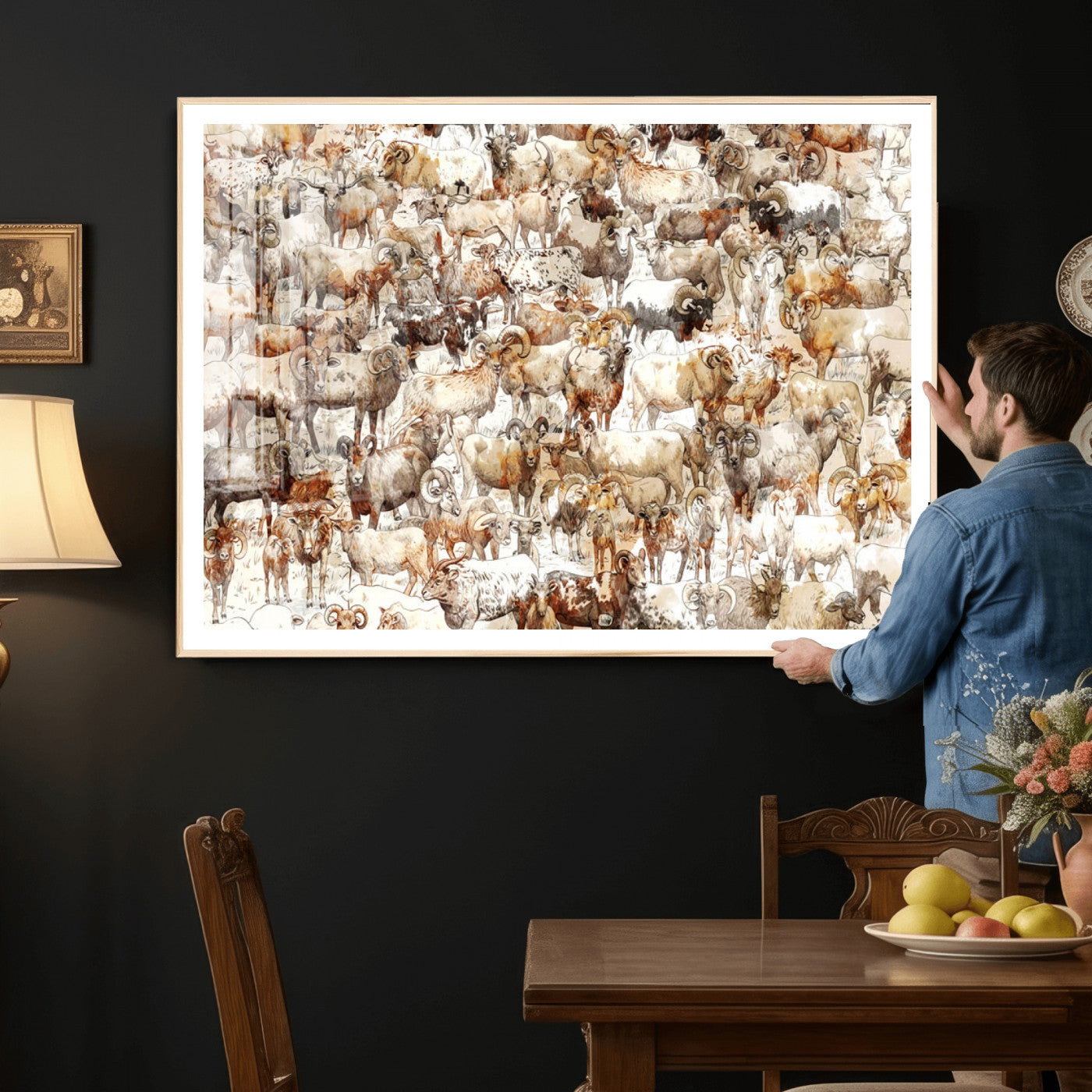 95103864-MGV-CV-36X24 - Farmhouse Animals Wall Art Canvas Print - Abstract Farm Animal Drawing Mid-Century Wall Art for Cabin Decor