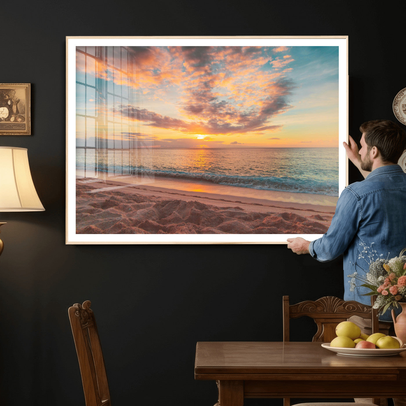 47151409-MGV-CV-36X24 - Sunset Beach Walk Wall Art Canvas Print – Soft Coastal Photography Artwork Print for Bedroom, Living Room, and Serene Home Decor