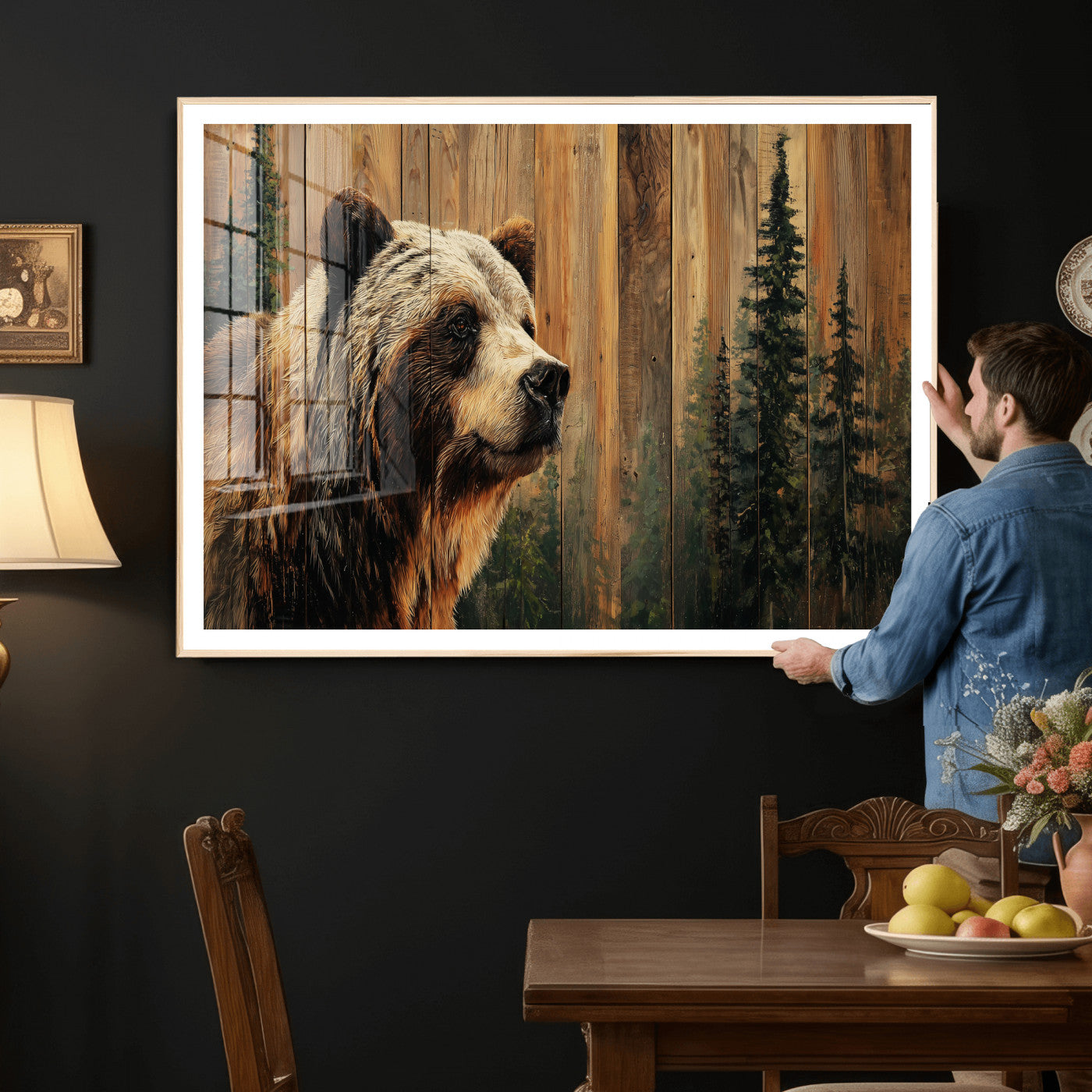 75645180-MGV-CV-36X24 - Grizzly Bear Wall Art Canvas Print, Rustic Wildlife Bear Artwork, Forest Animal Painting, Cabin Lodge Nature Wall Decor