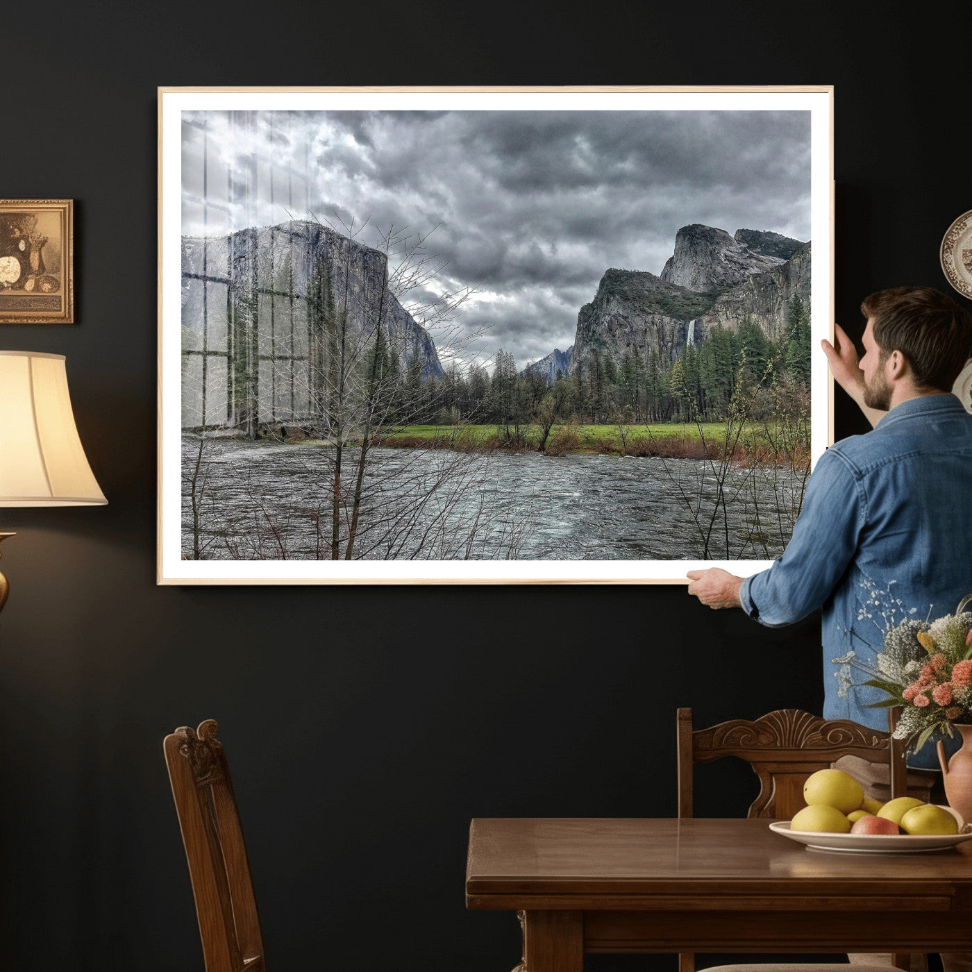 75582552-MGV-CV-36X24 - Yosemite Valley River Landscape Wall Art Canvas Print, Granite Cliffs Forest River Canvas Print, California National Park Moody Scenic Art Printi