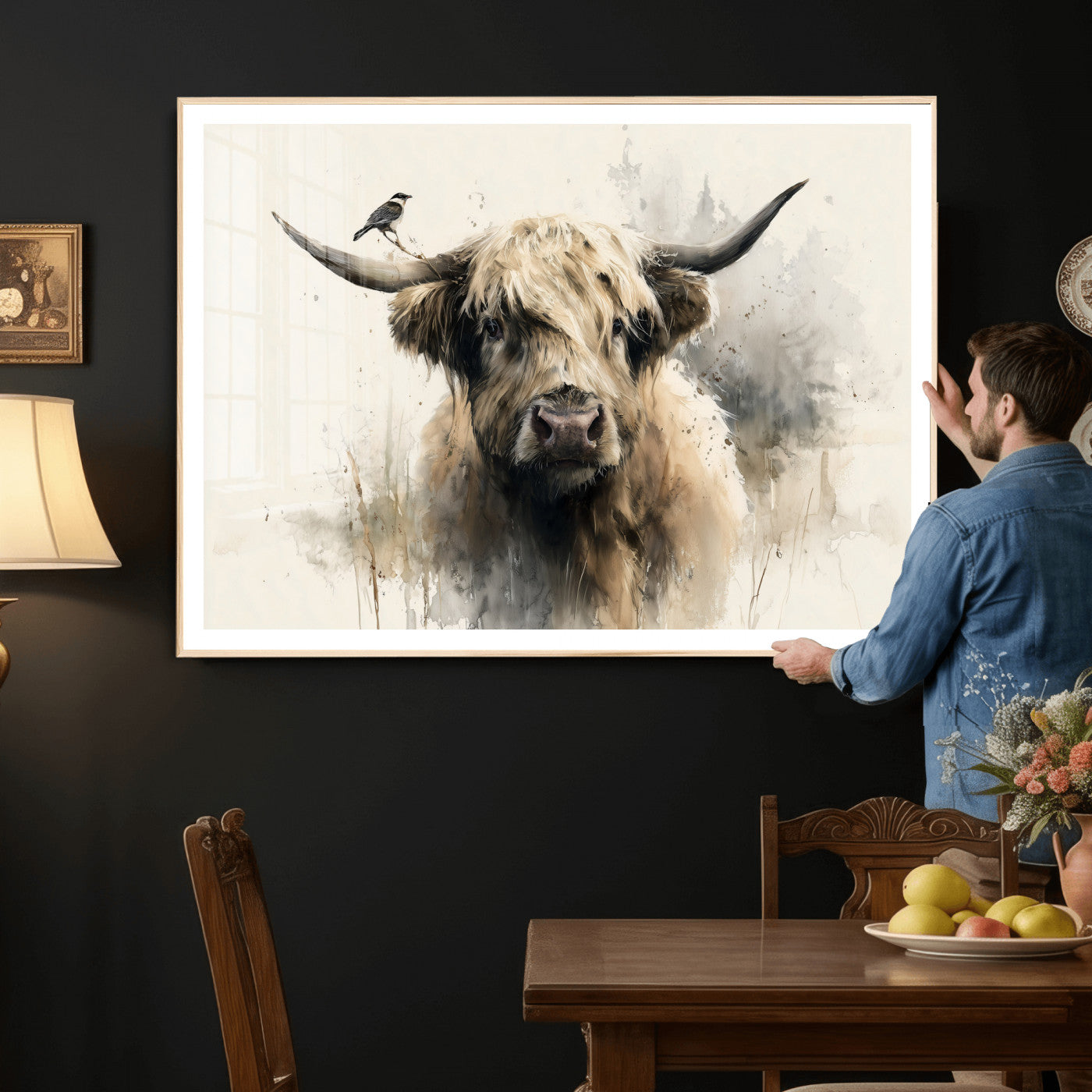 98249290-MGV-CV-36X24 - Abstract Highland Cow Watercolor Animal Wall Art Canvas Print, Rustic Farm Cattle Portrait Canvas Print, Neutral Wildlife Farmhouse Art Printing