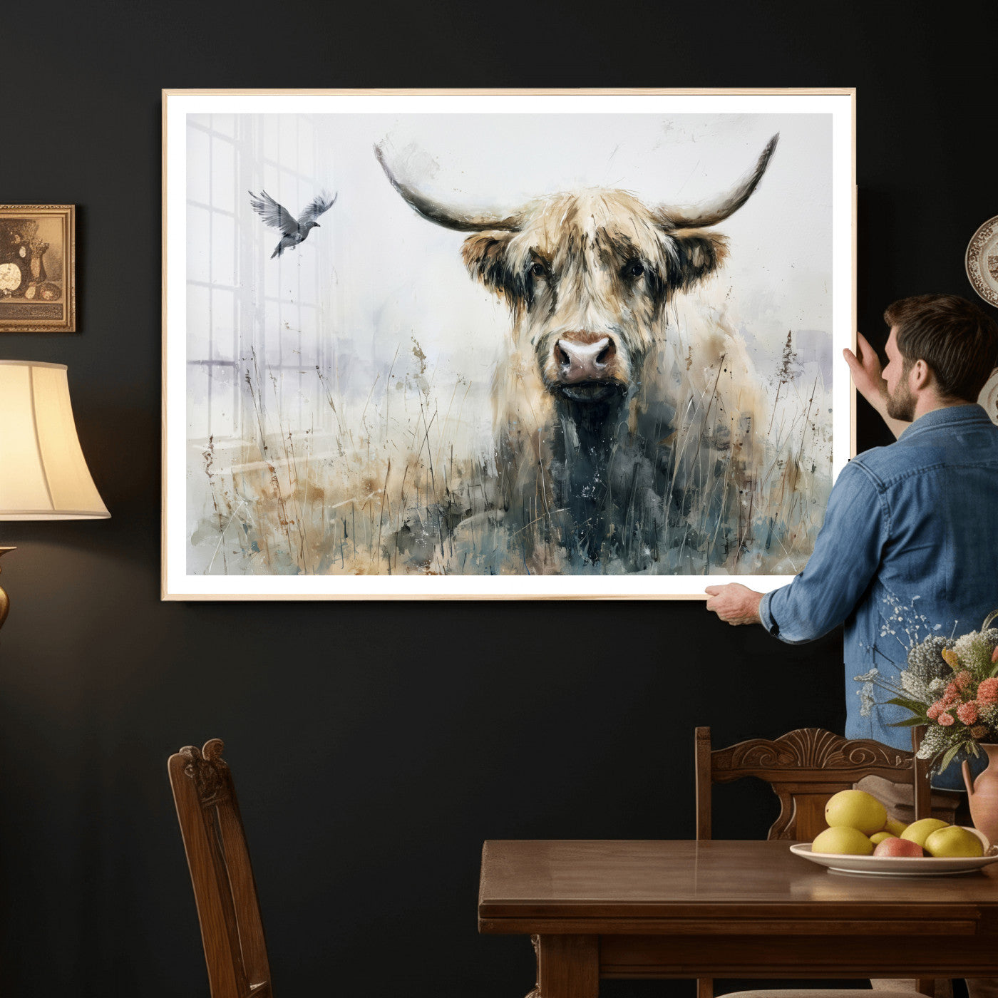 55652651-MGV-CV-36X24 - Abstract Highland Cow Watercolor Animal Wall Art Canvas Print, Rustic Farm Cattle Portrait Canvas Print, Neutral Wildlife Farmhouse Art Printing