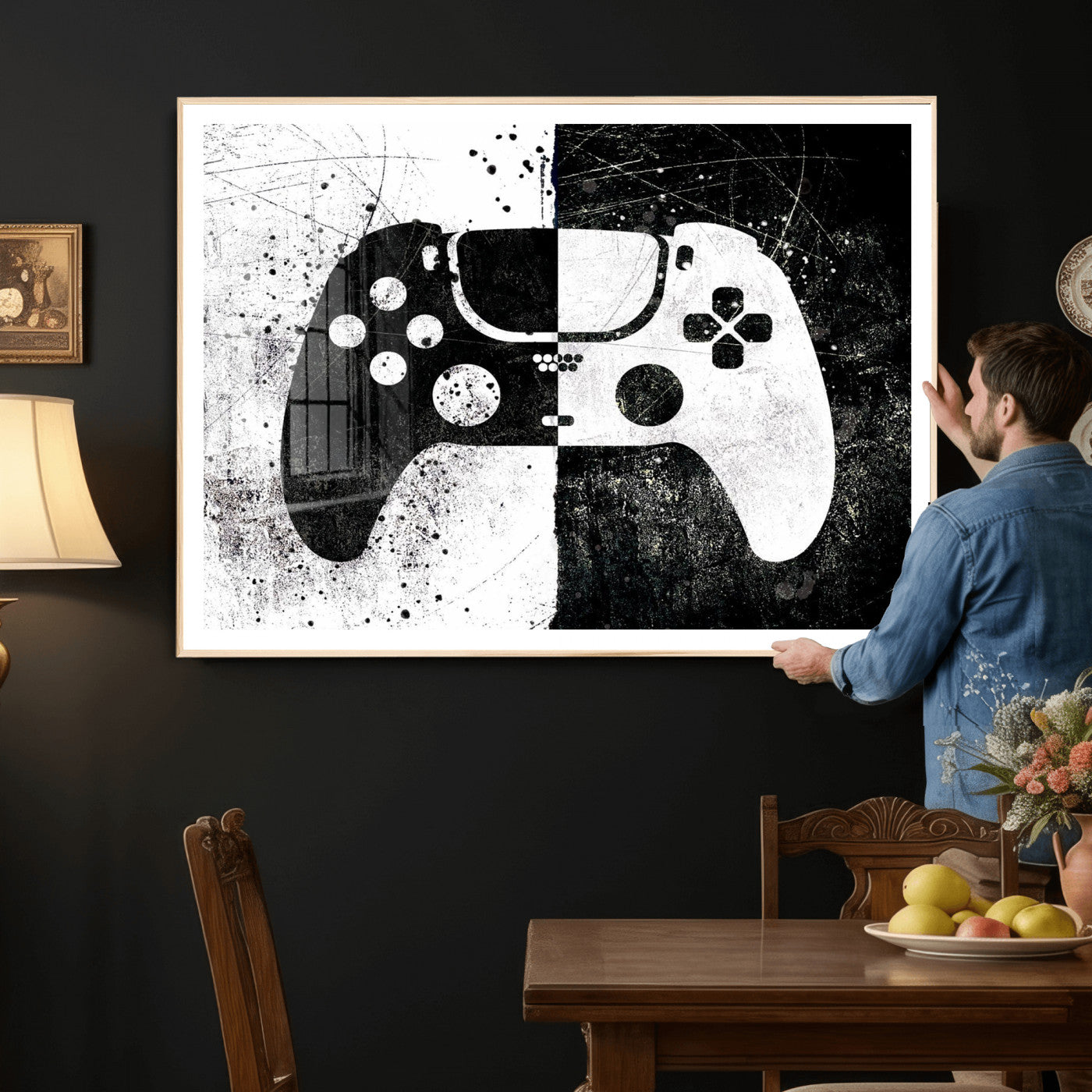 17525128-MGV-CV-36X24 - Abstract Gaming Controller Wall Art Canvas Print, Black White Video Game Controller Modern Canvas Print, Minimal Gamer Graphic Art Printing