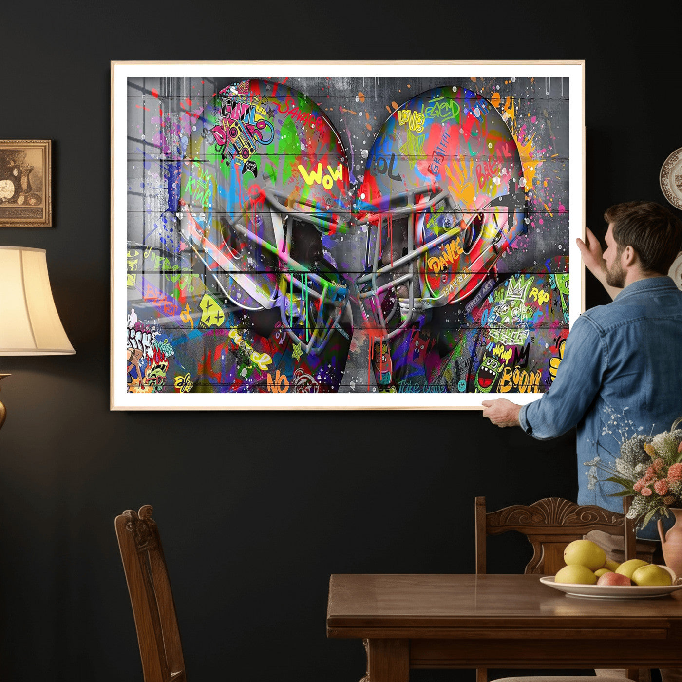 15309853-MGV-CV-36X24 - Graffiti Football Helmets Wall Art Canvas Print, Urban Street Art Sports Decor, Colorful American Football Graffiti Artwork