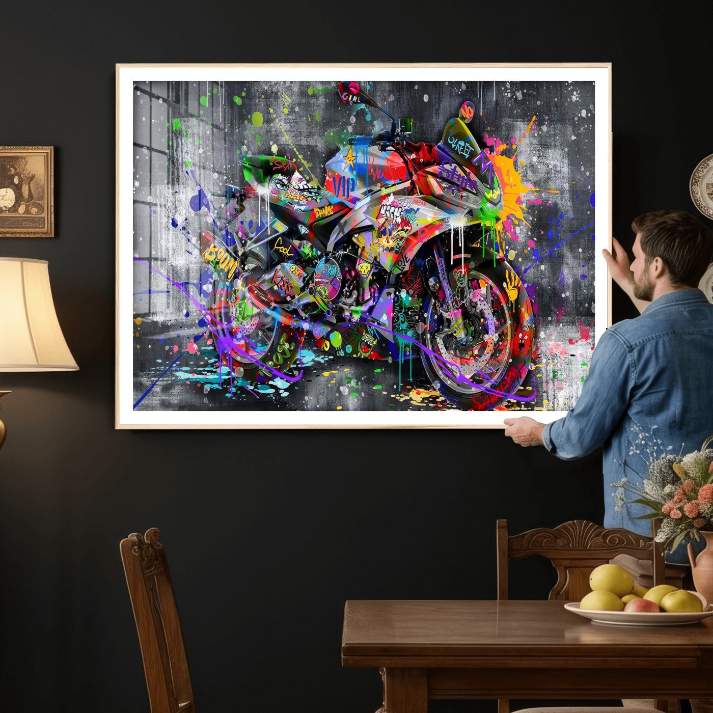 83021767-MGV-CV-36X24 - Graffiti Motorcycle Wall Art Canvas Print, Urban Street Art Motorbike Decor, Colorful Graffiti Sports Bike Artwork