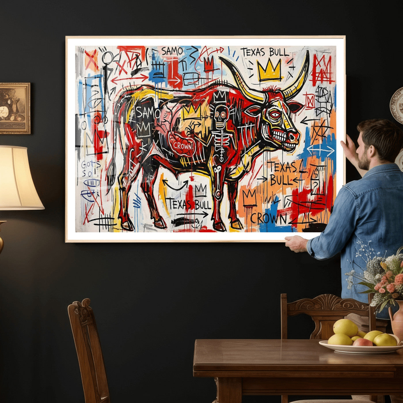 89504579-MGV-CV-36X24 - TITLE: Texas Bull Wall Art Canvas Print, Abstract Graffiti Bull Painting, Western Animal Art, Modern Ranch Decor