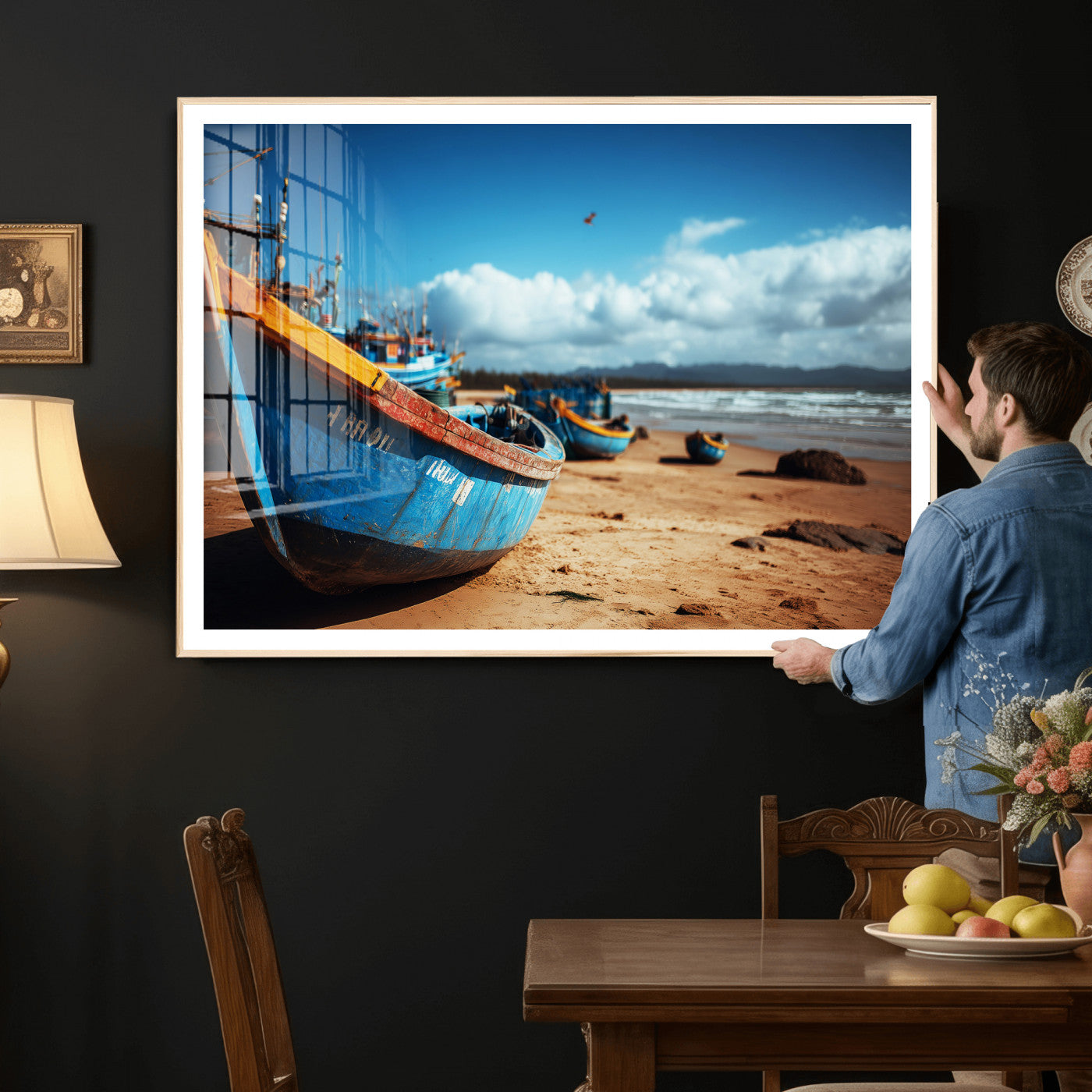 70925201-MGV-CV-36X24 - Fishing Boats Wall Art Canvas Print, Coastal Boat Beach Scene, Nautical Seaside Artwork, Ocean Shore Decor, Coastal Home Wall Art