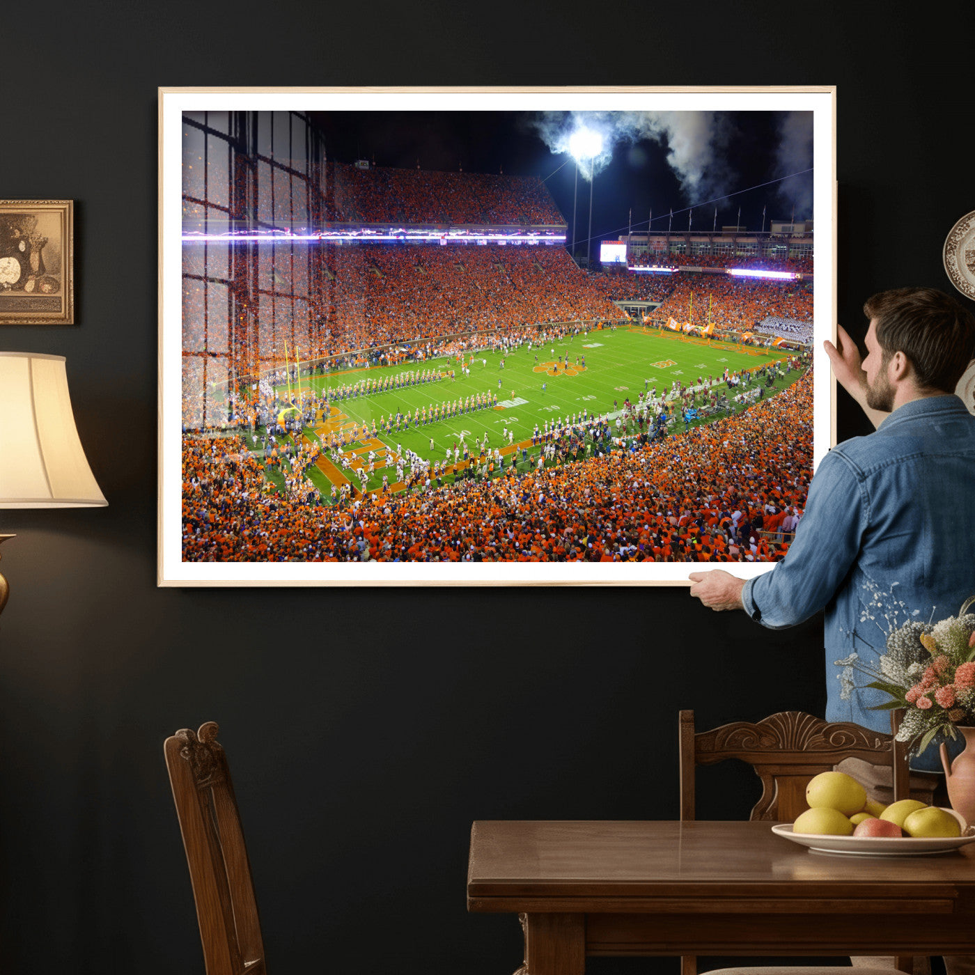 43662631-MGV-CV-36X24 - Clemson Football Stadium Wall Art Canvas Print, College Football Crowd Night Game Scene, Orange Stadium Panorama Wall Decor