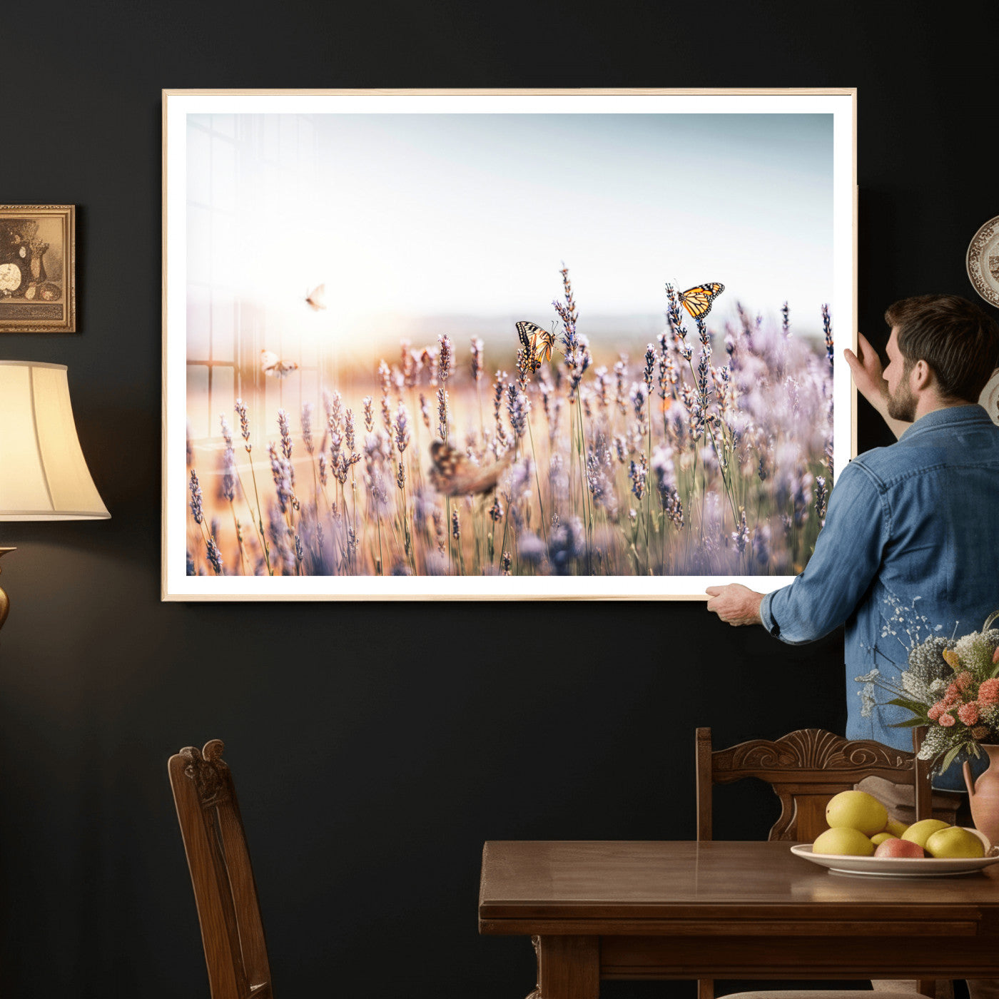 46417478-MGV-CV-36X24 - Lavender Field Wall Art Canvas Print, Butterfly Floral Landscape Art, Soft Nature Wall Decor for Bedroom