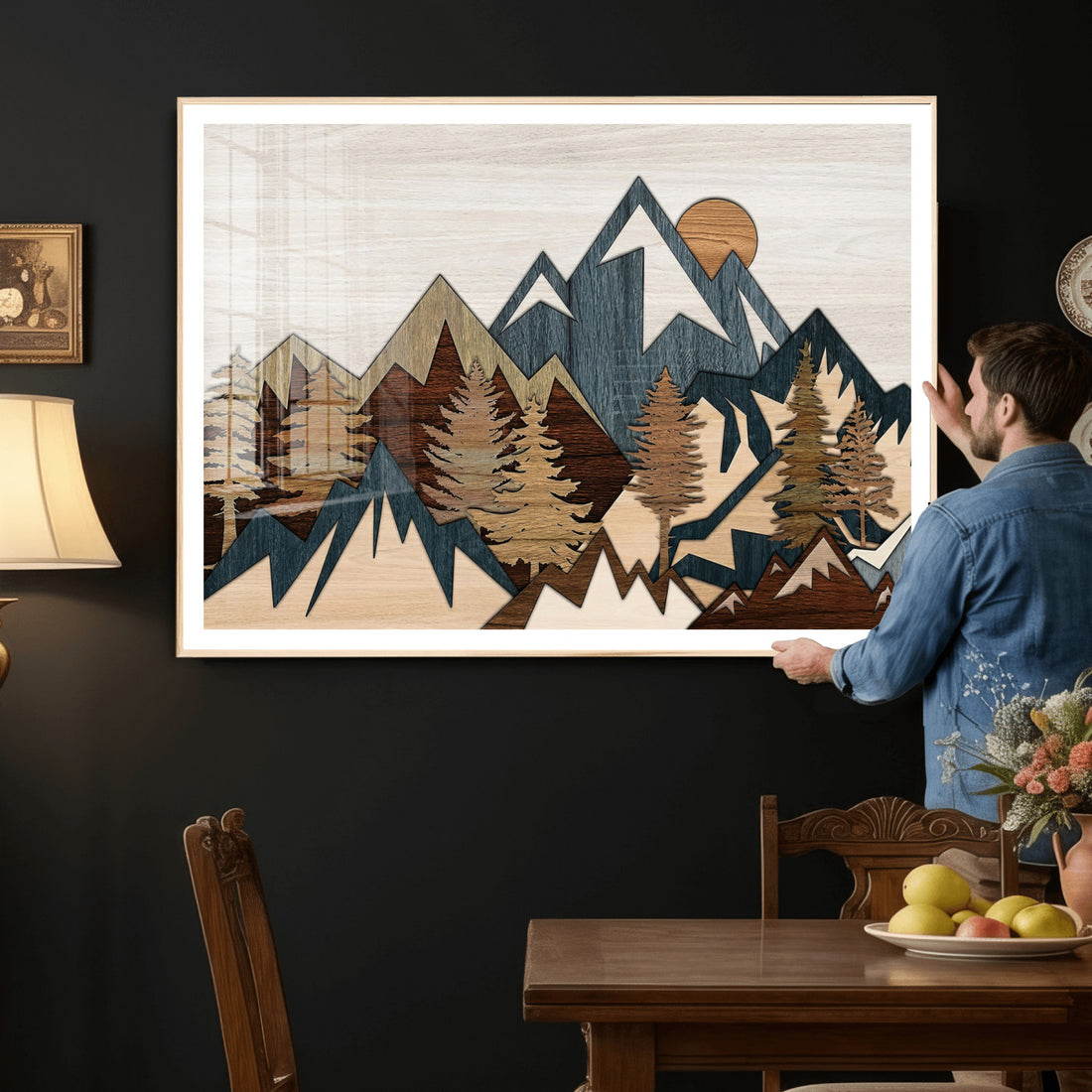 Wood Style Mountain Wall Art Canvas Print, Layered Wood Landscape Artwork