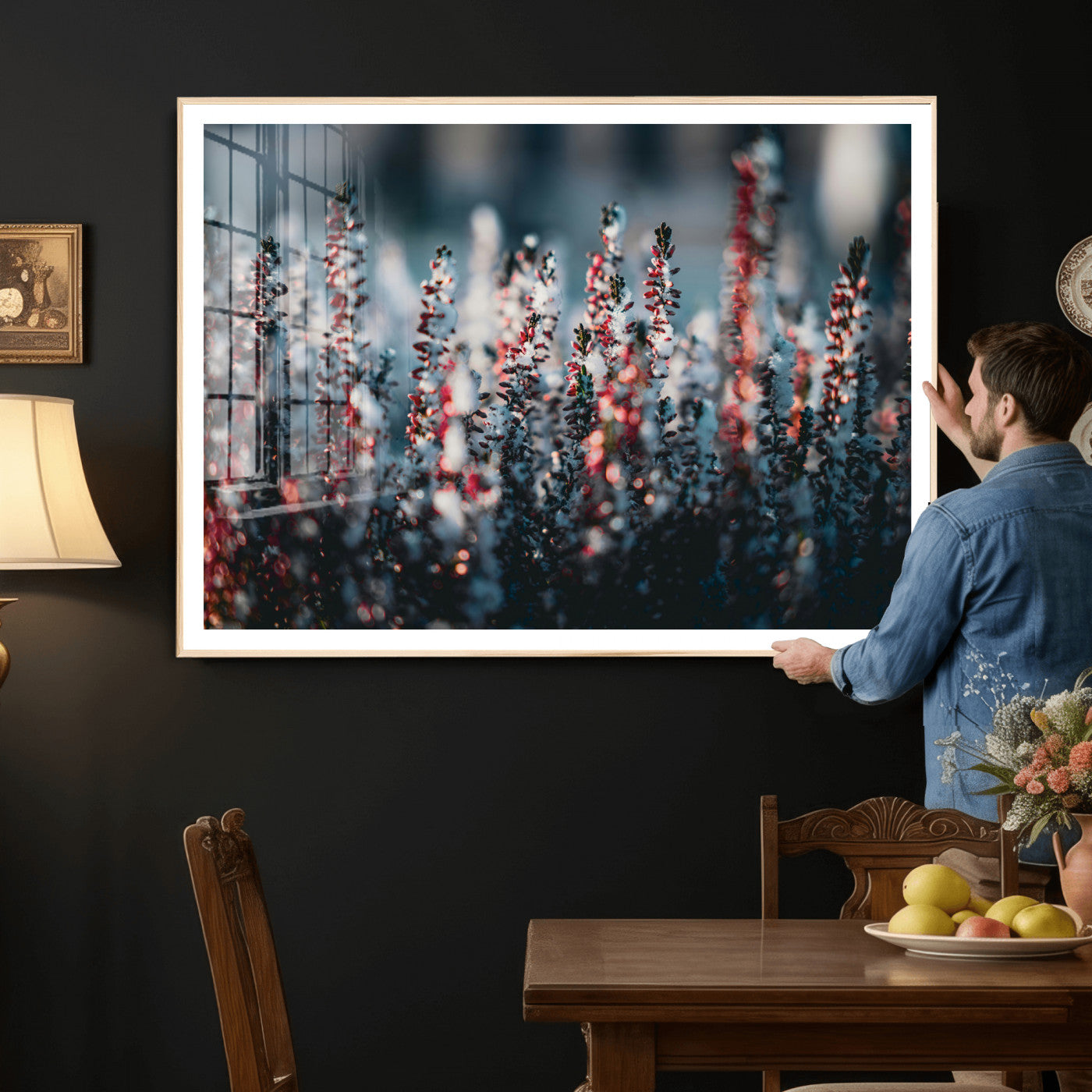 82063935-MGV-CV-36X24 - Winter Heather Wall Art Canvas Print, Frosted Floral Nature Art, Moody Botanical Wall Decor