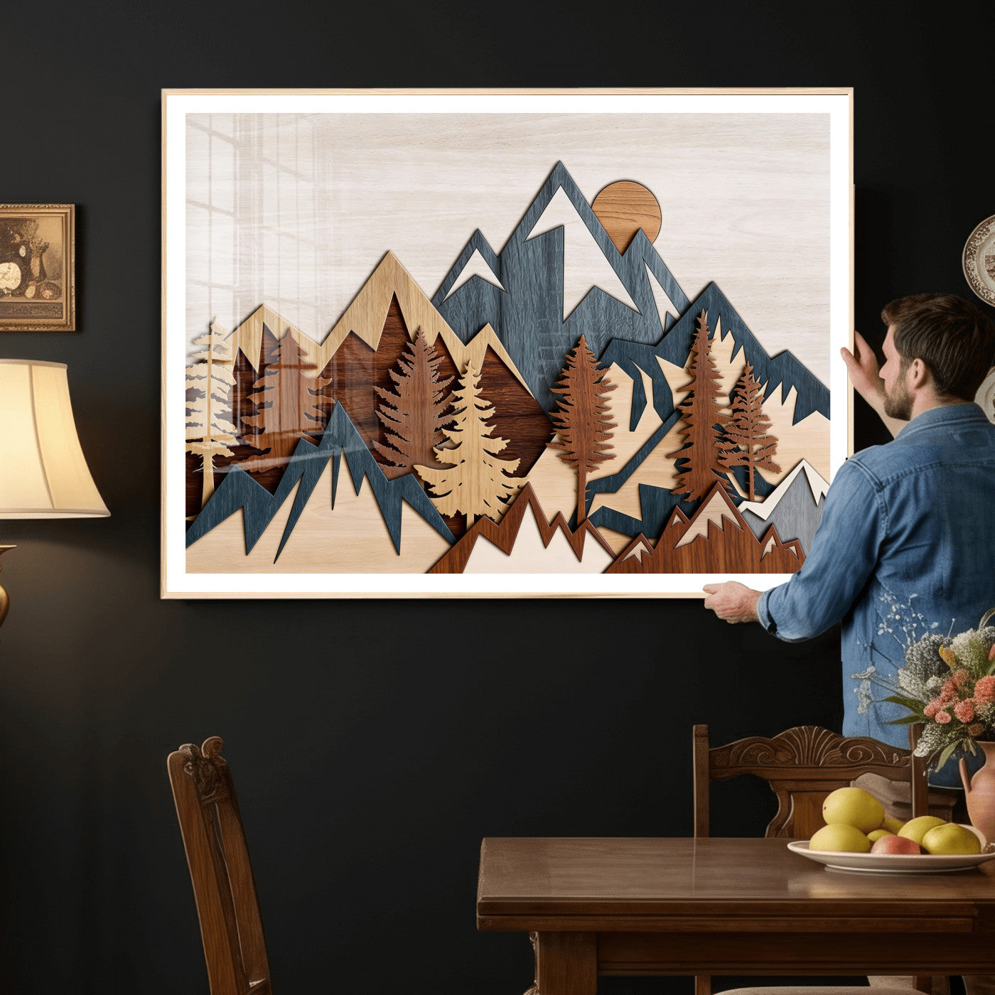 39888898-MGV-CV-36X24 - Layered Wooden Mountain Wall Art Canvas Print, Modern Rustic Forest and Pine Landscape Wall Decor