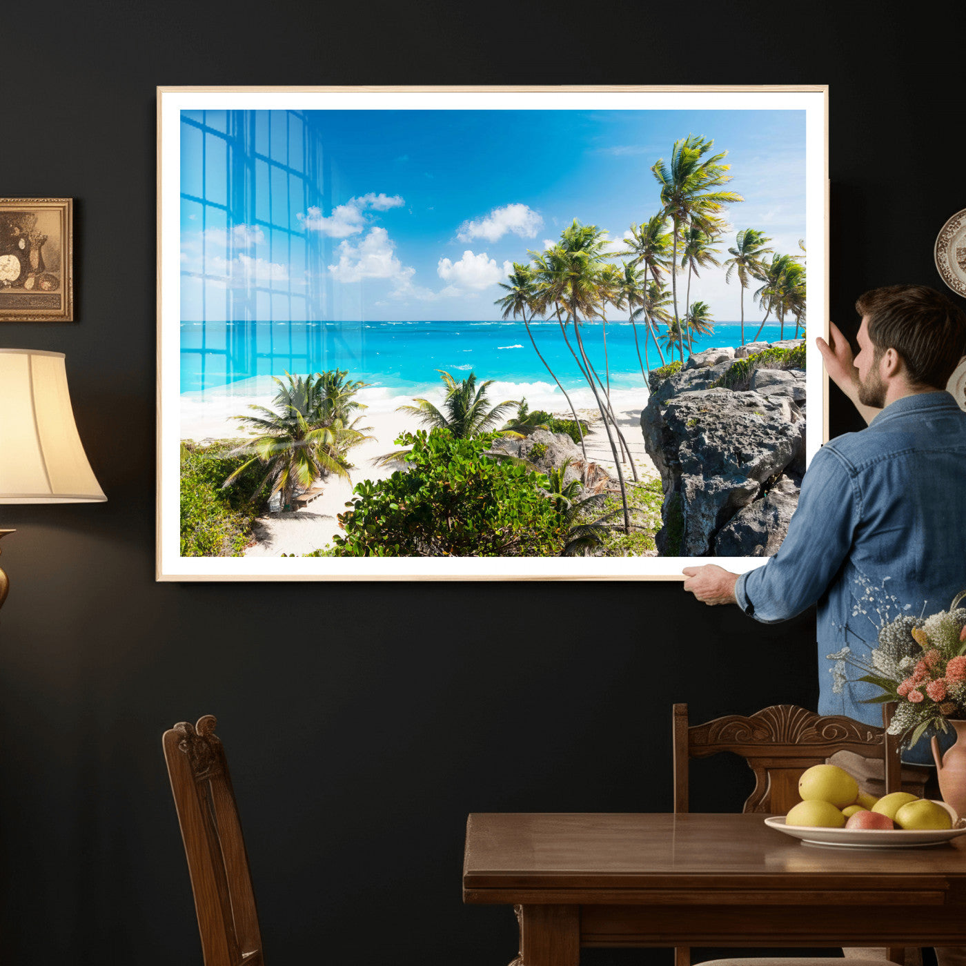 98605610-MGV-CV-36X24 - Tropical Beach Wall Art Canvas Print, Palm Tree Ocean Landscape Photography, Caribbean Coastal Artwork