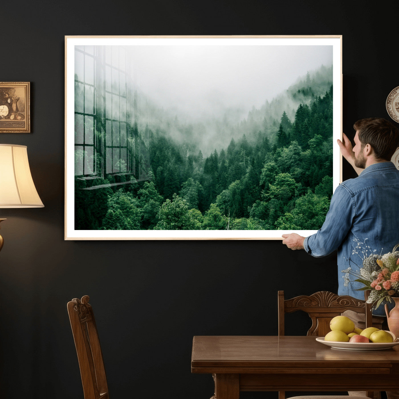 61640815-MGV-CV-36X24 - Misty Pine Forest Wall Art Canvas Print, Foggy Evergreen Landscape Wall Decor, Moody Green Nature Artwork, Minimal Forest Canvas Wall Art, Framed Canvas Wall Art Ready to Hang