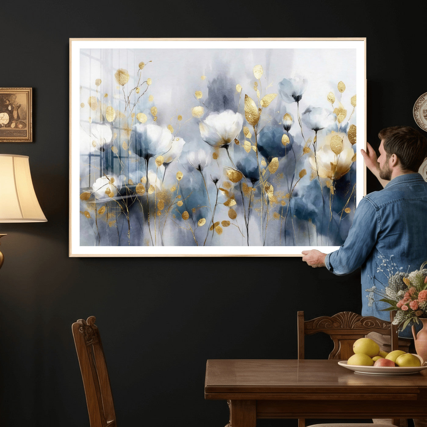 84358857-MGV-CV-36X24 - Large Abstract Flowers Wall Art Canvas Print – Gold and Blue Botanical Artwork for Living Room, Bedroom, and Office Decor