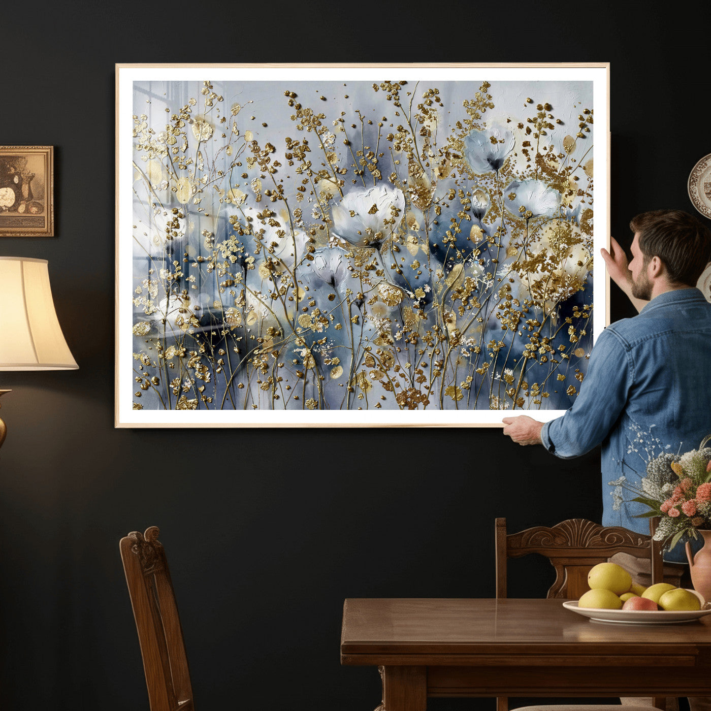 24499670-MGV-CV-36X24 - Abstract Floral Wall Art Canvas Print – Gold and Blue Botanical Artwork for Living Room, Bedroom, and Office Decor