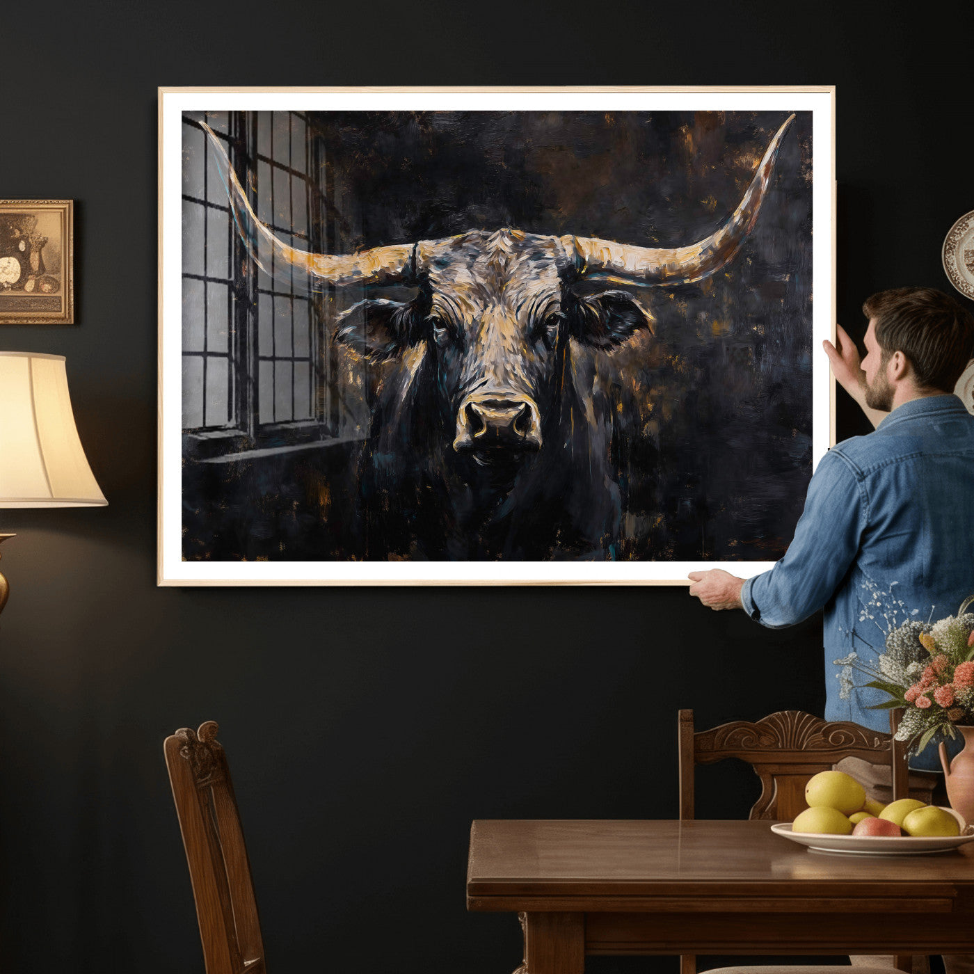 17622011-MGV-CV-36X24 - Abstract Longhorn Bull Wall Art Canvas Print – Dark Rustic Western Cattle Artwork for Farmhouse, Ranch, Cabin, and Office Decor