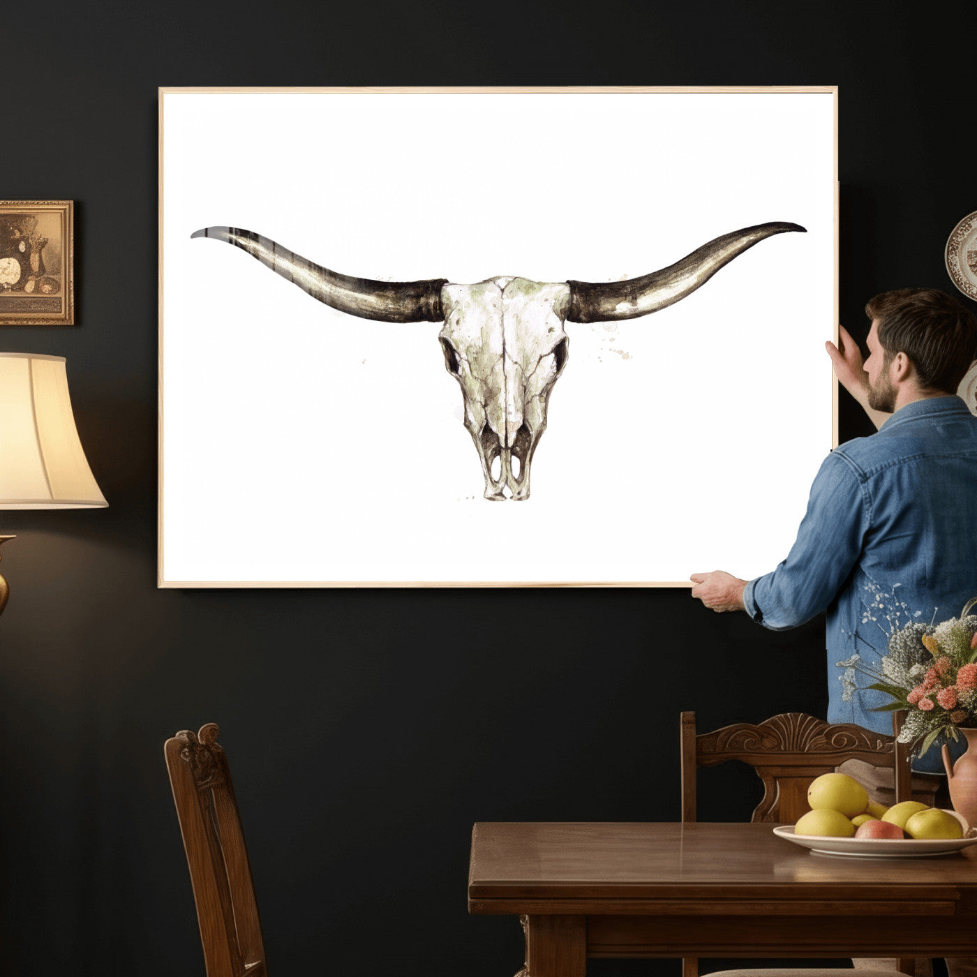 42788678A-MGV-CV-36X24 - Longhorn Skull Wall Art Canvas Print – Rustic Western Artwork Print for Living Room Wall Decor
