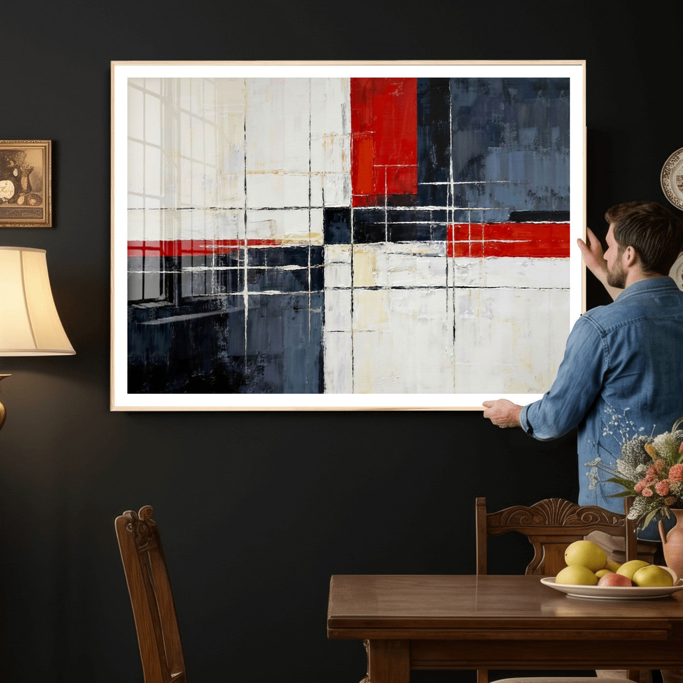 11921181-MGV-CV-36X24 - Navy Red Abstract Wall Art Canvas Print, Modern Luxury Geometric Painting Wall Decor for Living Room and Office