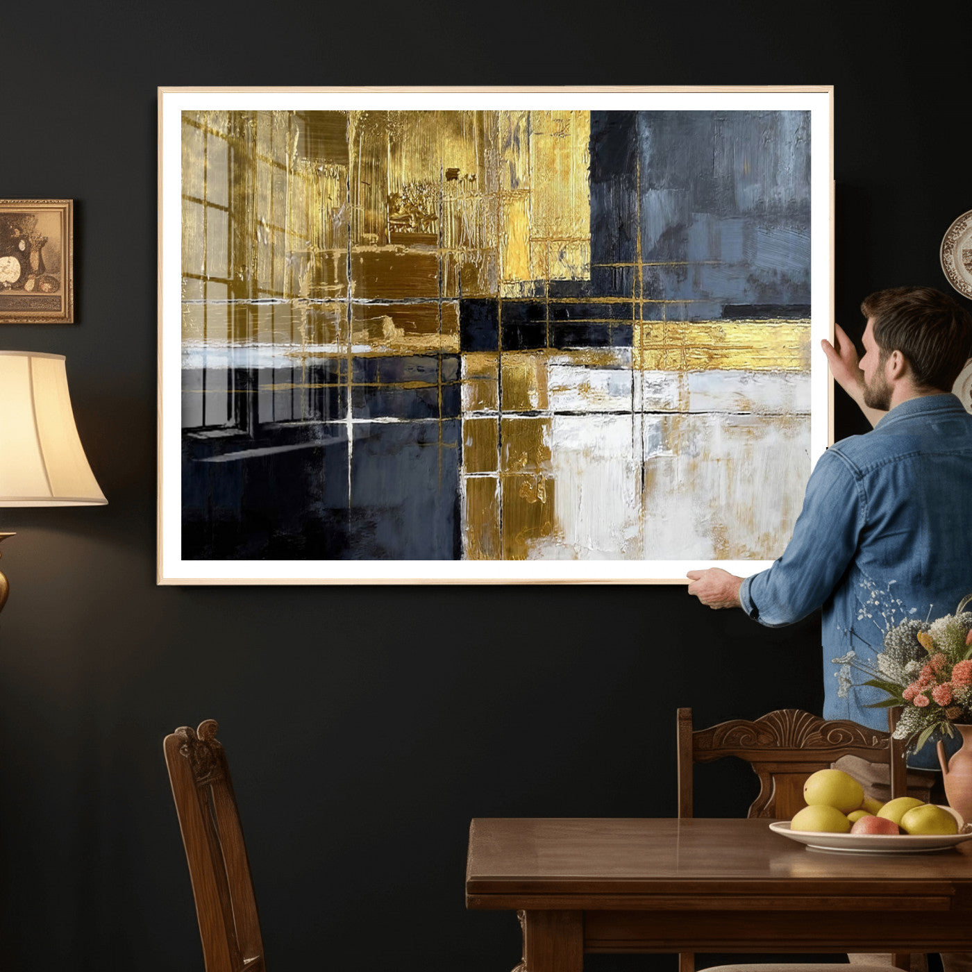 76917030-MGV-CV-36X24 - Gold Navy Abstract Wall Art Canvas Print, Modern Luxury Geometric Painting Wall Decor for Living Room and Office