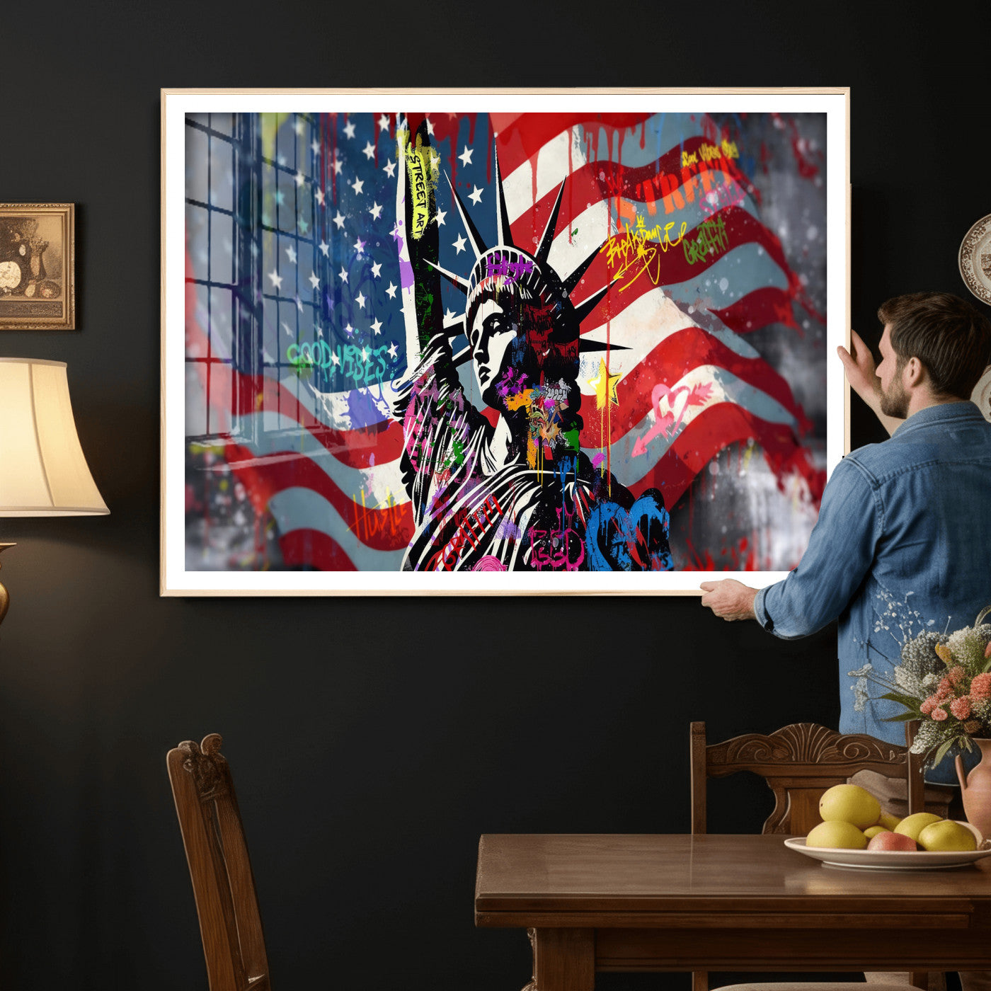 32151941-MGV-CV-36X24 - USA Statue of Liberty Graffiti Street Art Wall Art Canvas Print, American Flag Urban Pop Art Canvas Print, Modern Patriotic Street Art Contemporary Art Printing