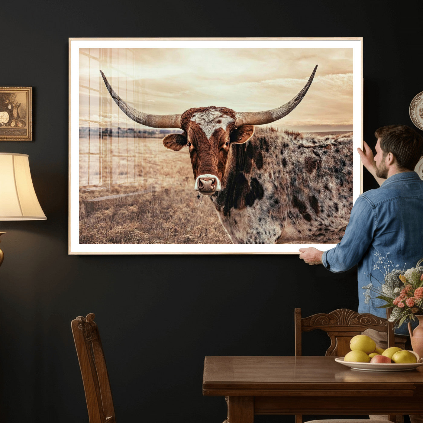 55805825-MGV-CV-36X24 - Texas Longhorn Wall Art Canvas Print – Western Cattle Ranch Artwork for Rustic Farmhouse Decor