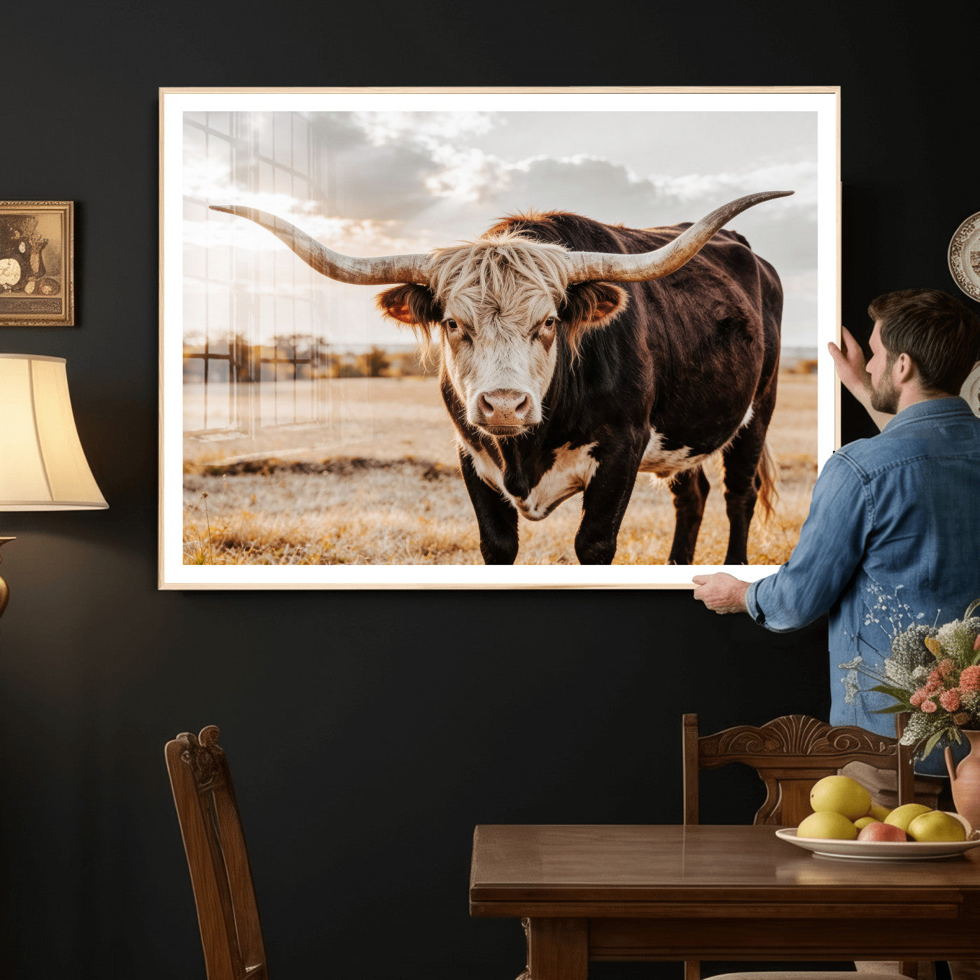 88230279-MGV-CV-36X24 - Texas Longhorn Bull Rustic Wall Art Canvas Print, Western Cattle Photography Canvas Print, Ranch Farm Animal Western Art Printing